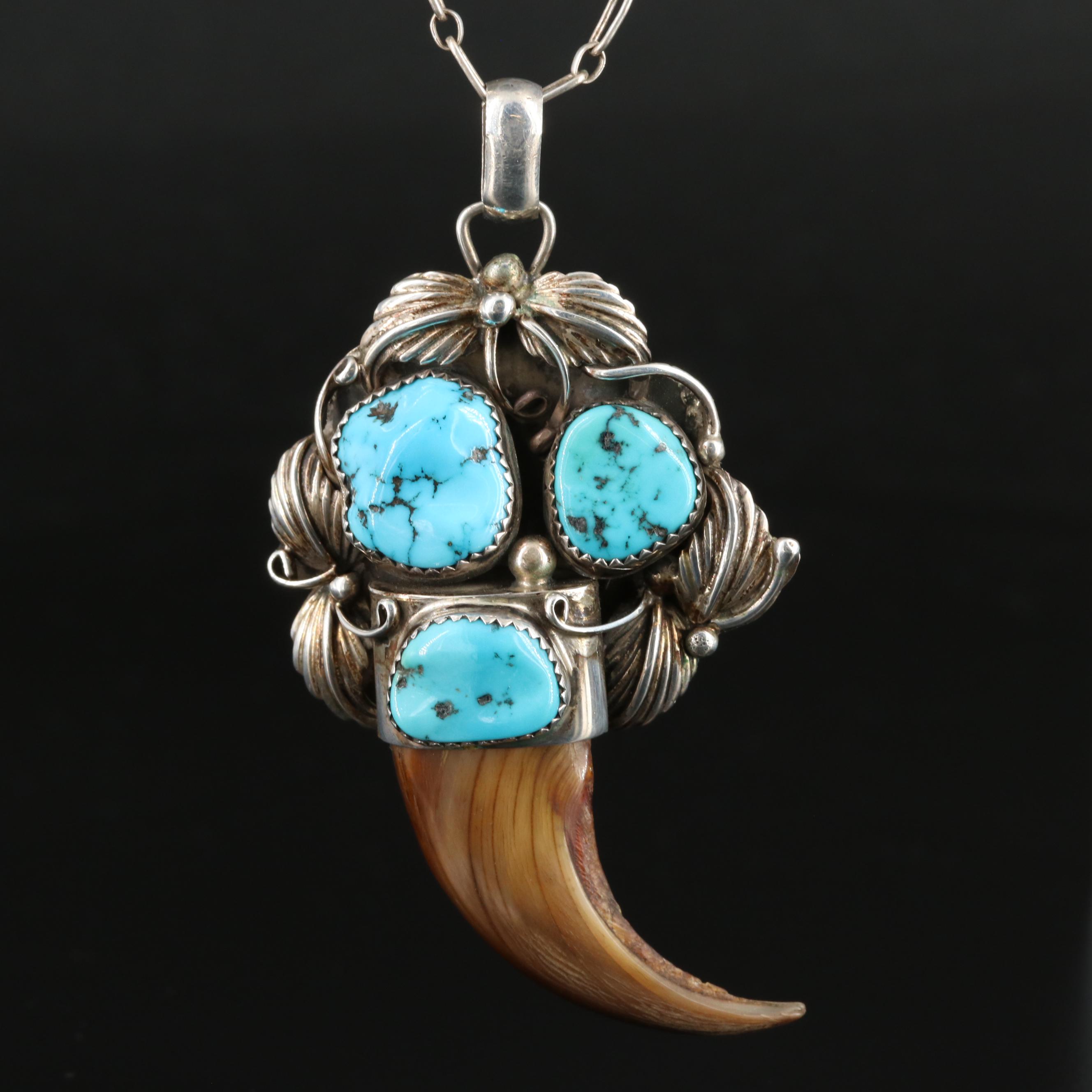 Southwestern Sterling Black Bear Claw and Turquoise Pendant Necklace