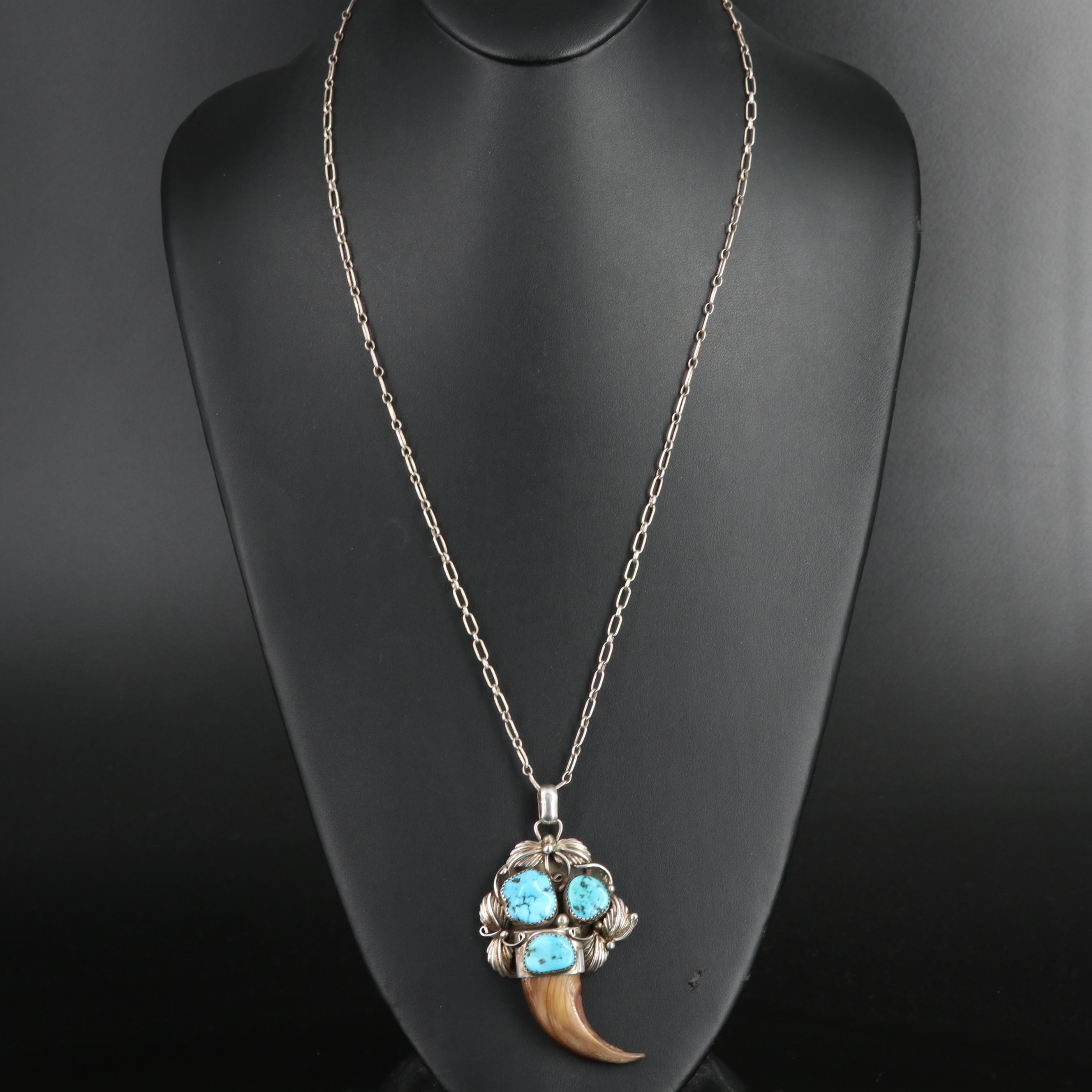 Southwestern Sterling Black Bear Claw and Turquoise Pendant Necklace