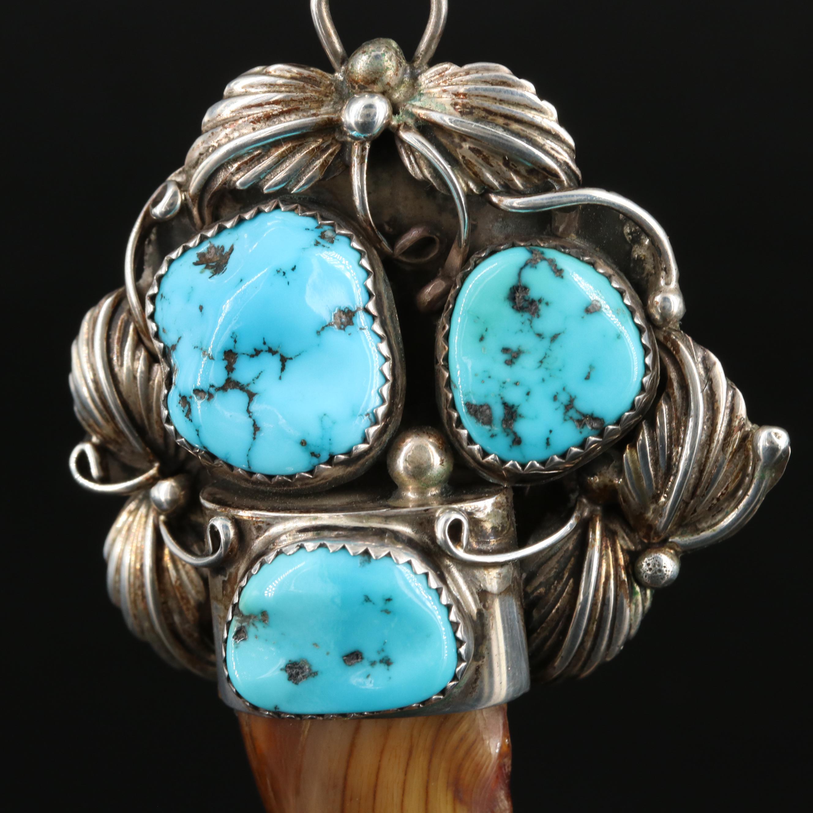 Southwestern Sterling Black Bear Claw and Turquoise Pendant Necklace