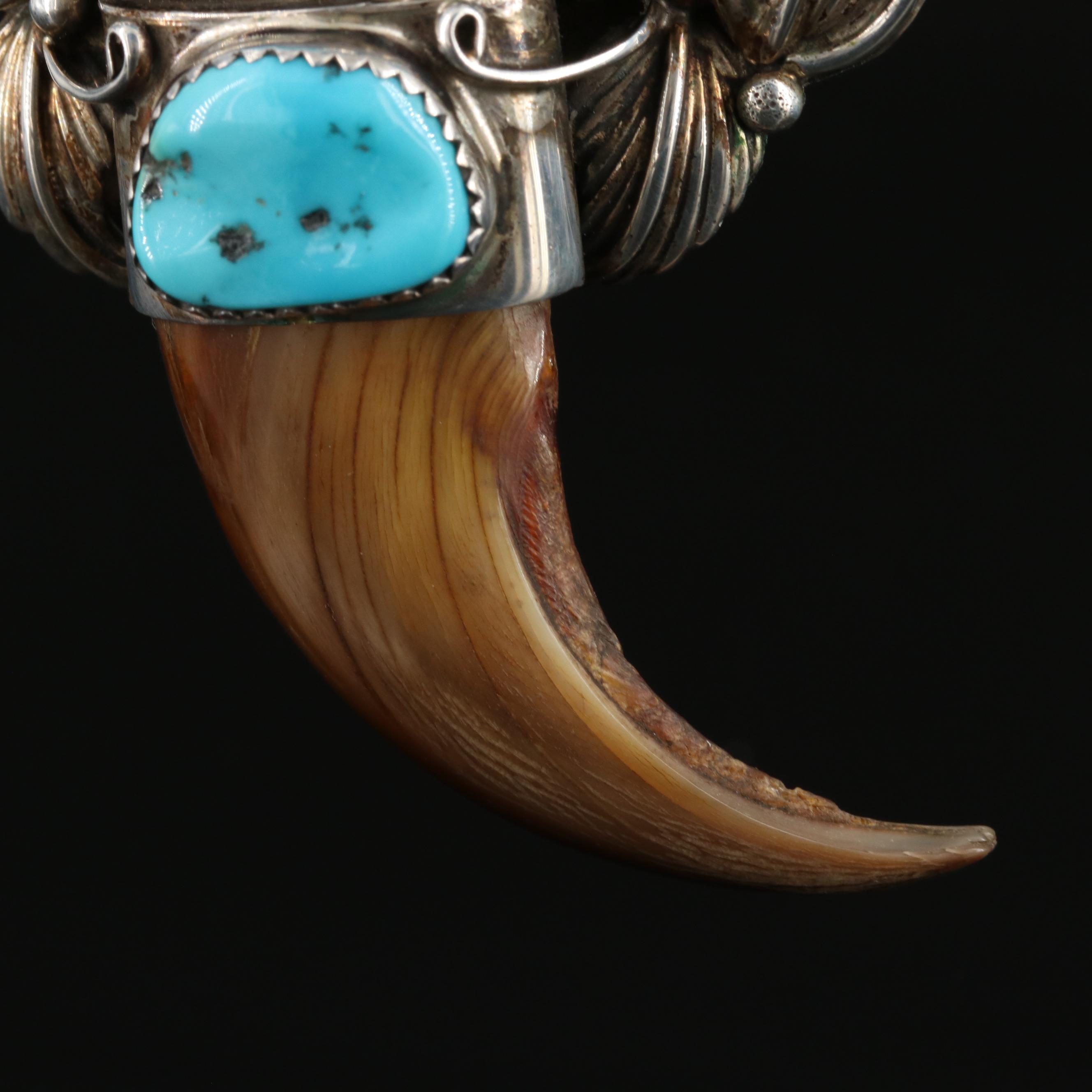 Southwestern Sterling Black Bear Claw and Turquoise Pendant Necklace