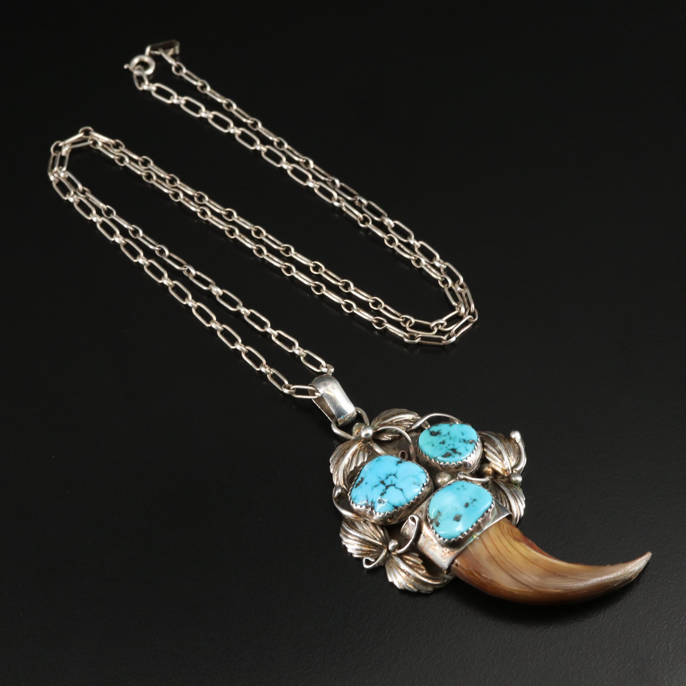 Southwestern Sterling Black Bear Claw and Turquoise Pendant Necklace