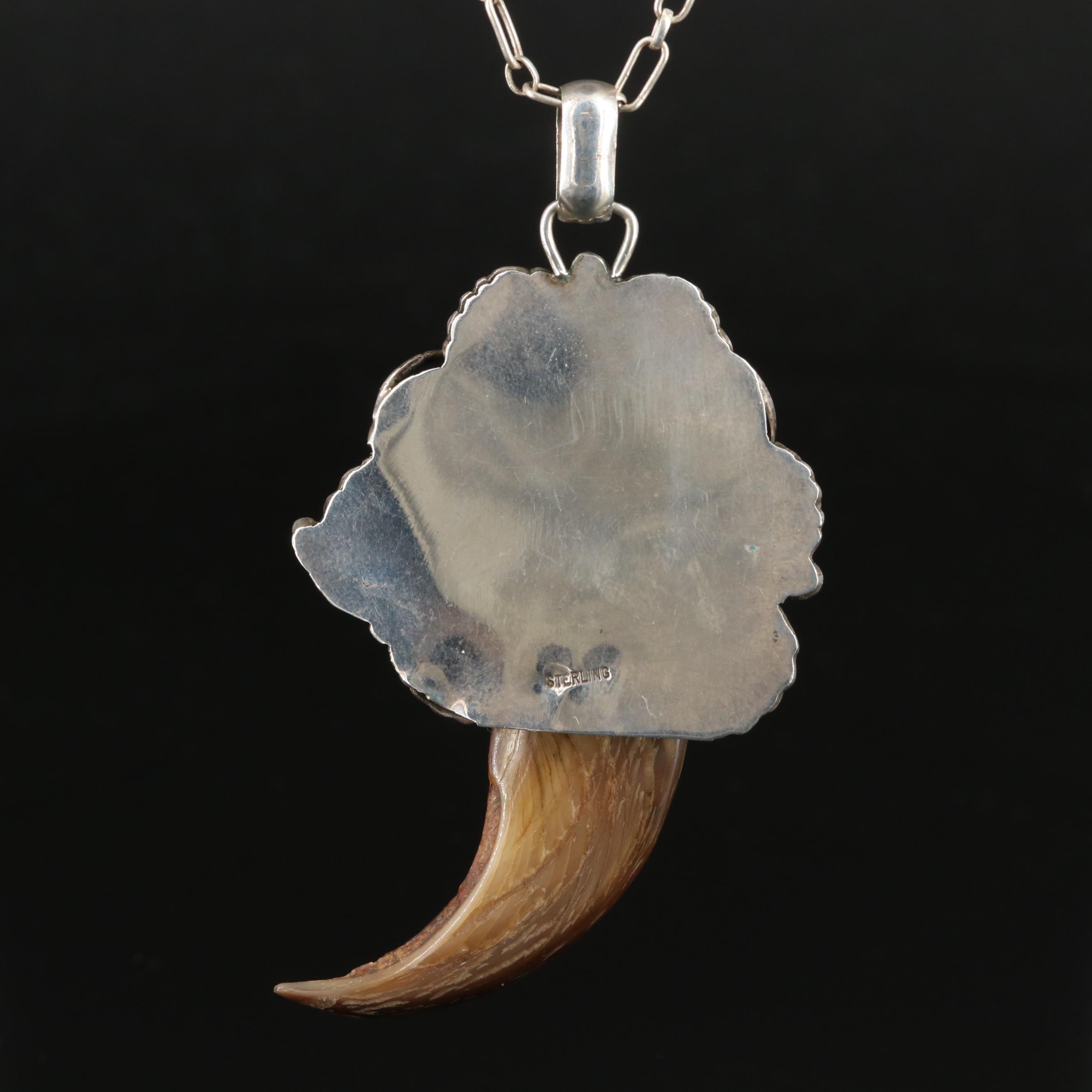 Southwestern Sterling Black Bear Claw and Turquoise Pendant Necklace