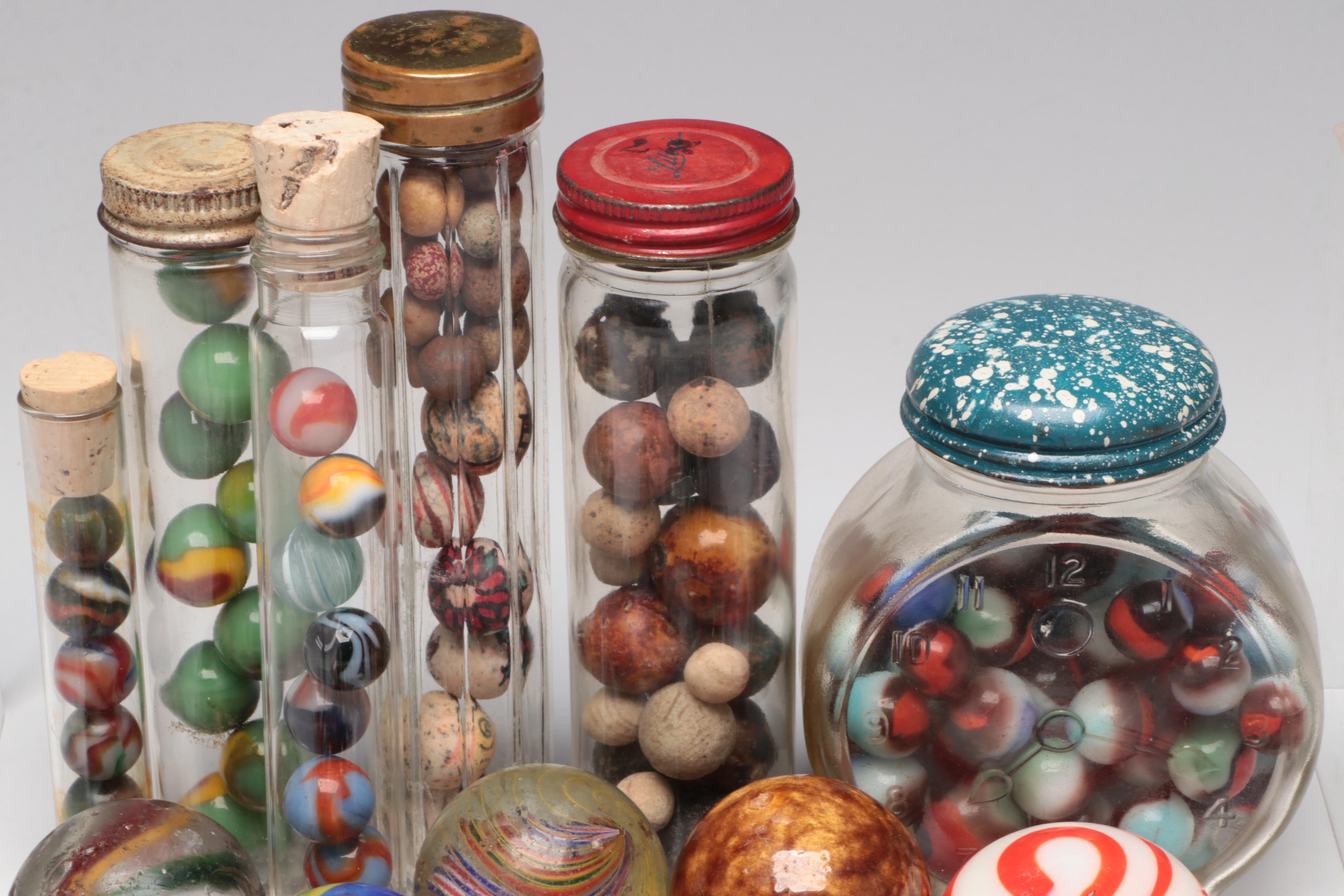 Clay Benningtons, Milkies, Onionskin, Ironies, Shooters & More Marbles, Finials