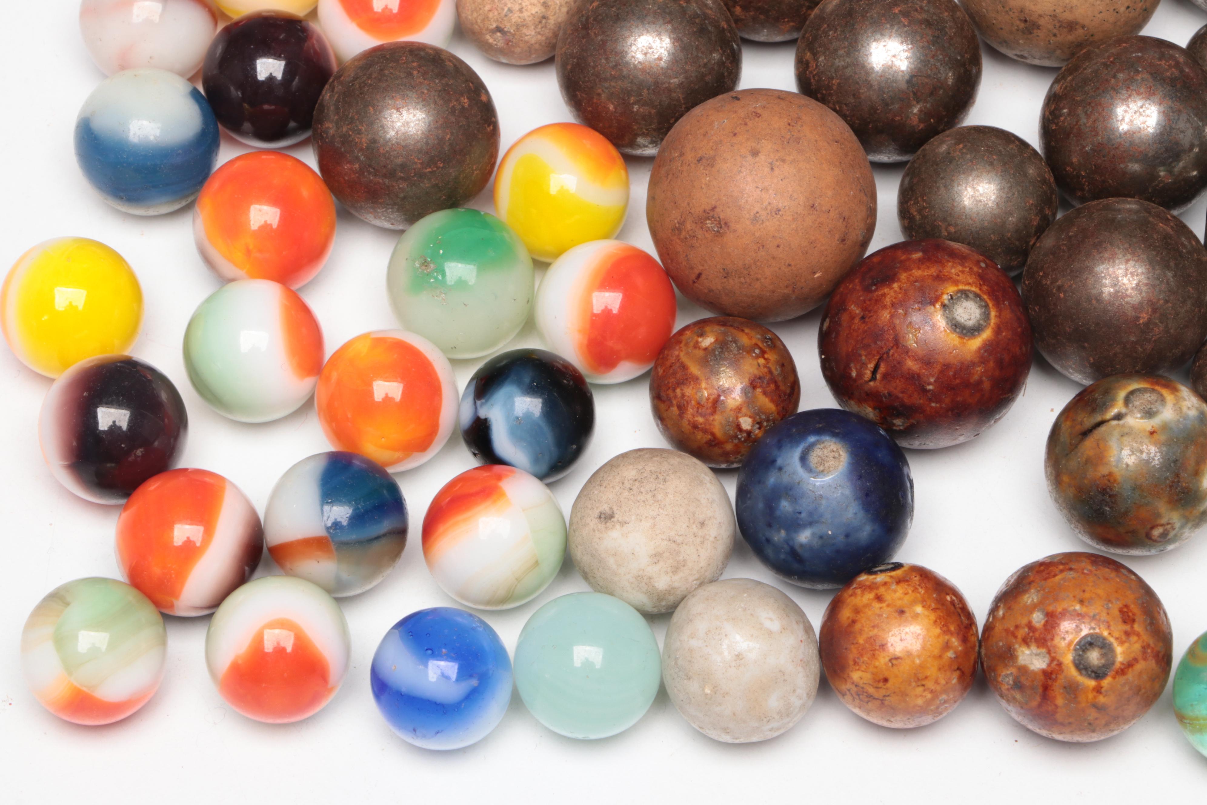 Clay Benningtons, Milkies, Onionskin, Ironies, Shooters & More Marbles, Finials