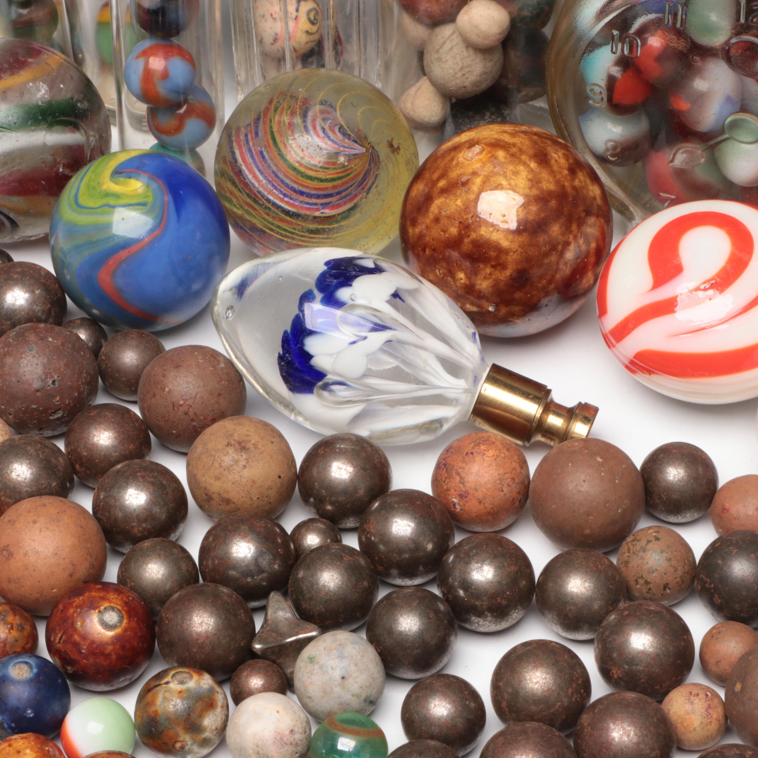 Clay Benningtons, Milkies, Onionskin, Ironies, Shooters & More Marbles, Finials