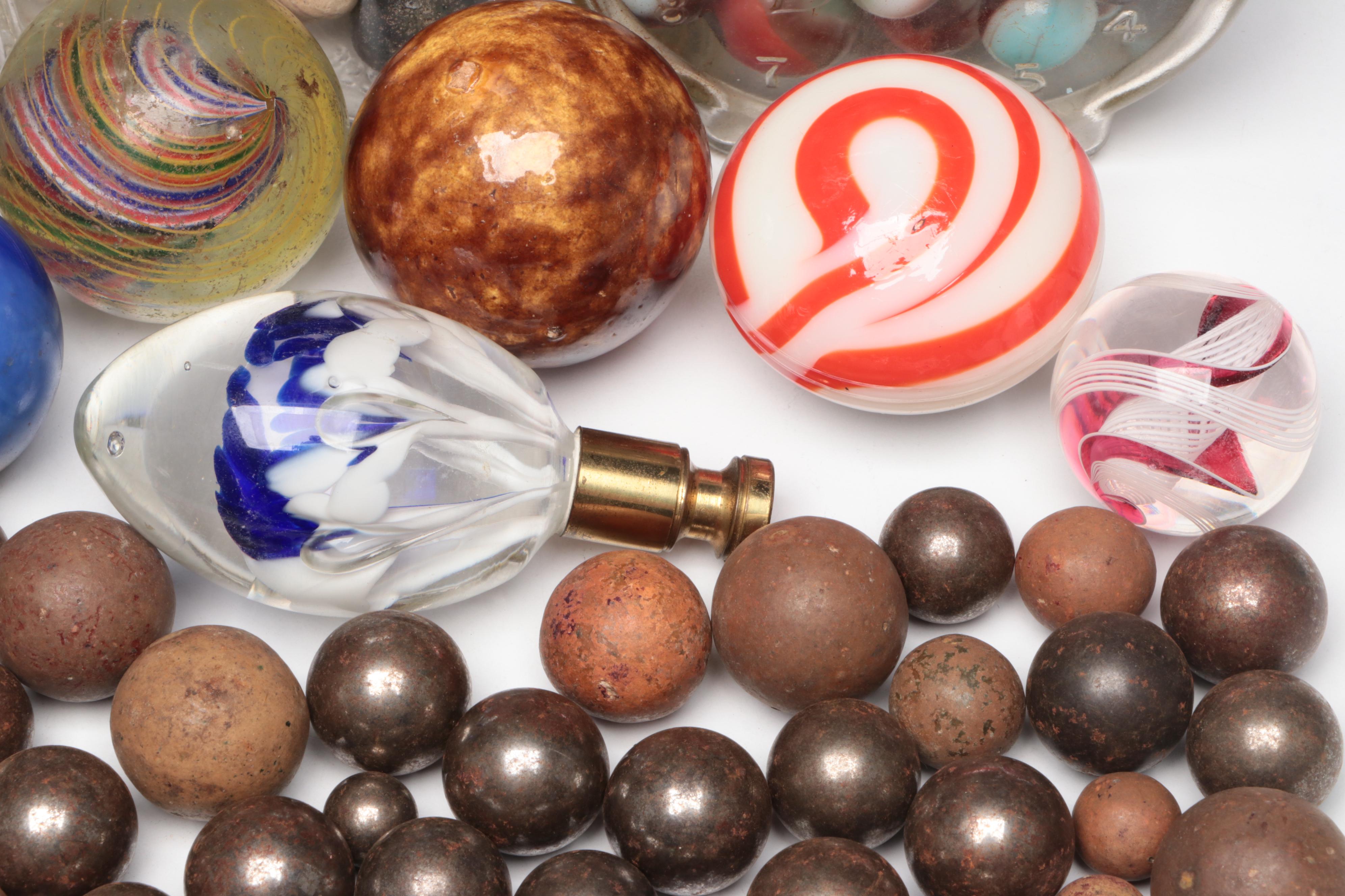 Clay Benningtons, Milkies, Onionskin, Ironies, Shooters & More Marbles, Finials