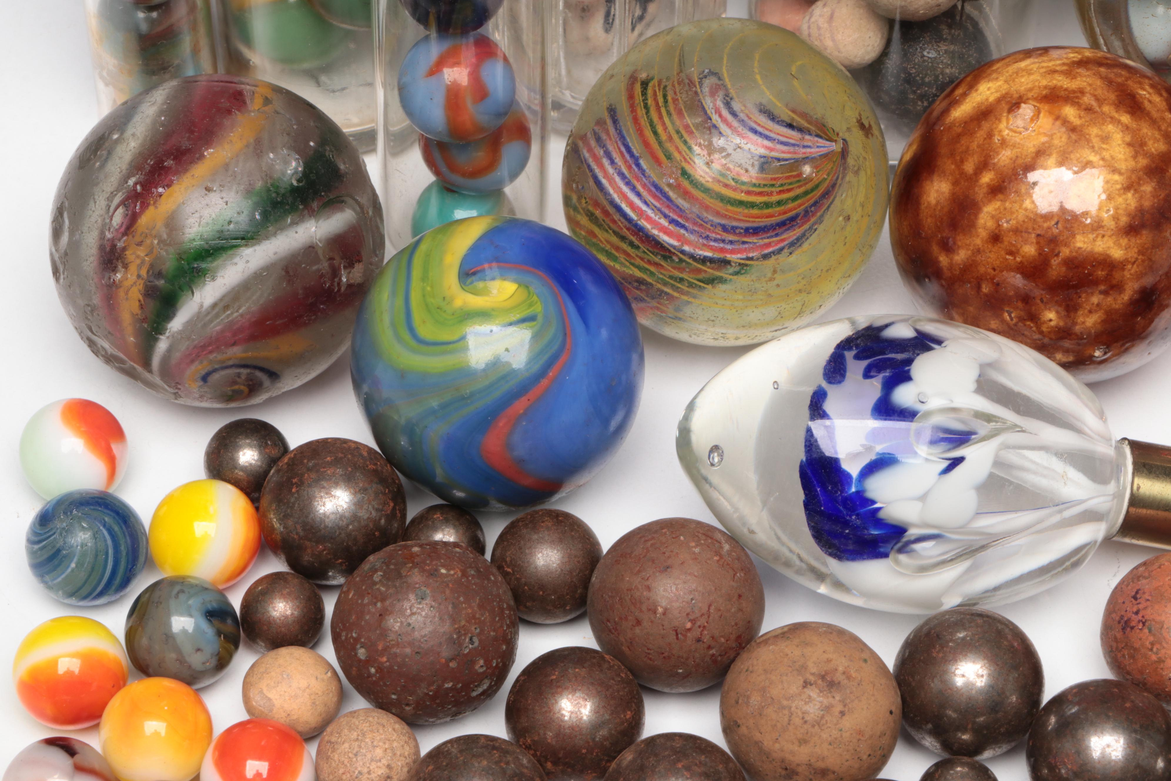 Clay Benningtons, Milkies, Onionskin, Ironies, Shooters & More Marbles, Finials