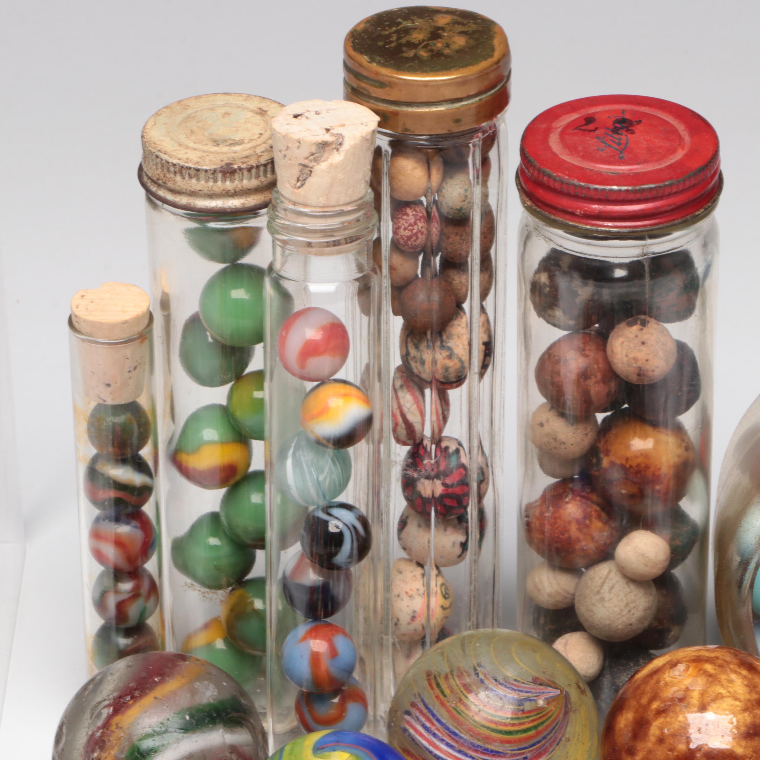 Clay Benningtons, Milkies, Onionskin, Ironies, Shooters & More Marbles, Finials