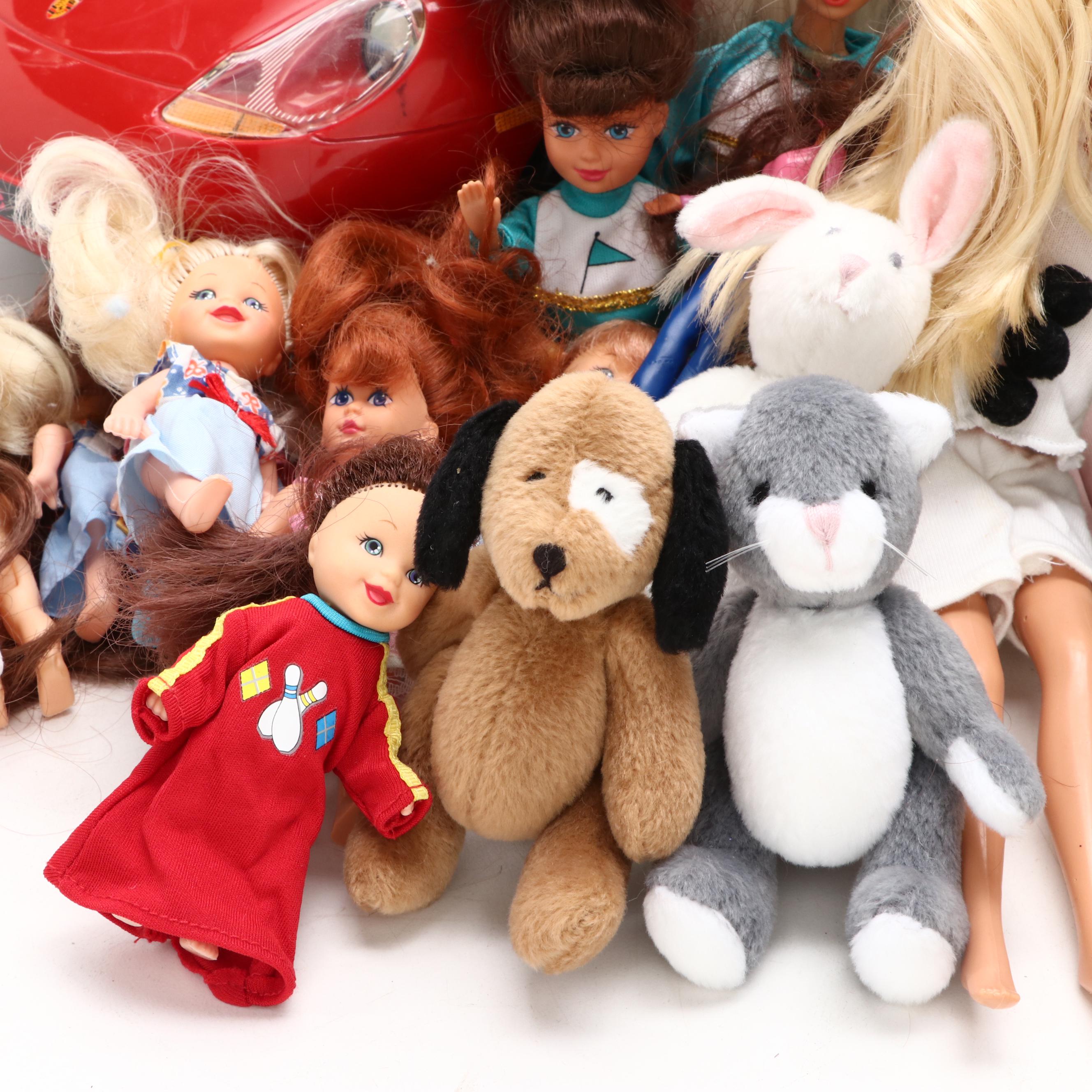 Barbie Porsche Boxster Sports Car, Walking Beauty Horse, and Barbie Dolls