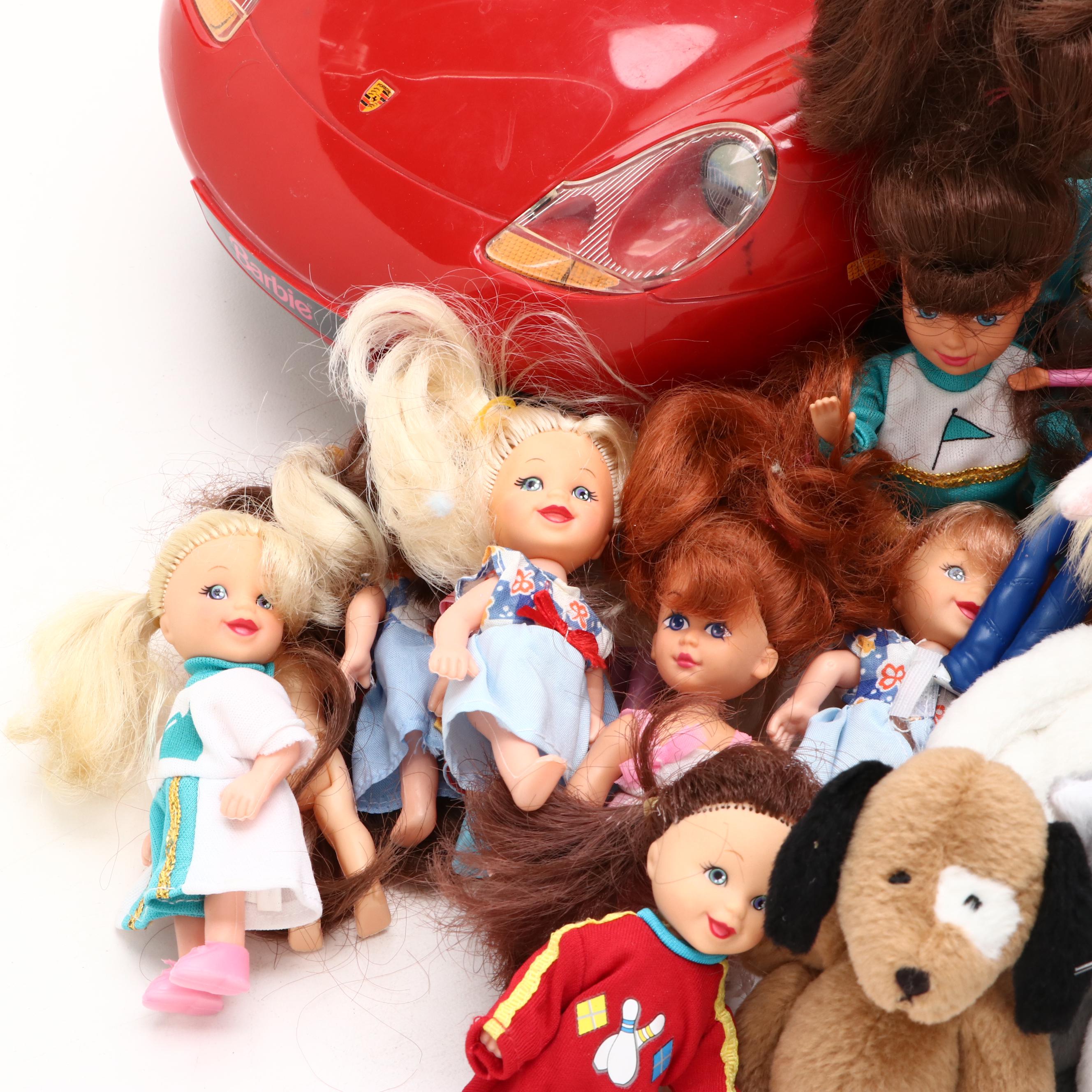 Barbie Porsche Boxster Sports Car, Walking Beauty Horse, and Barbie Dolls