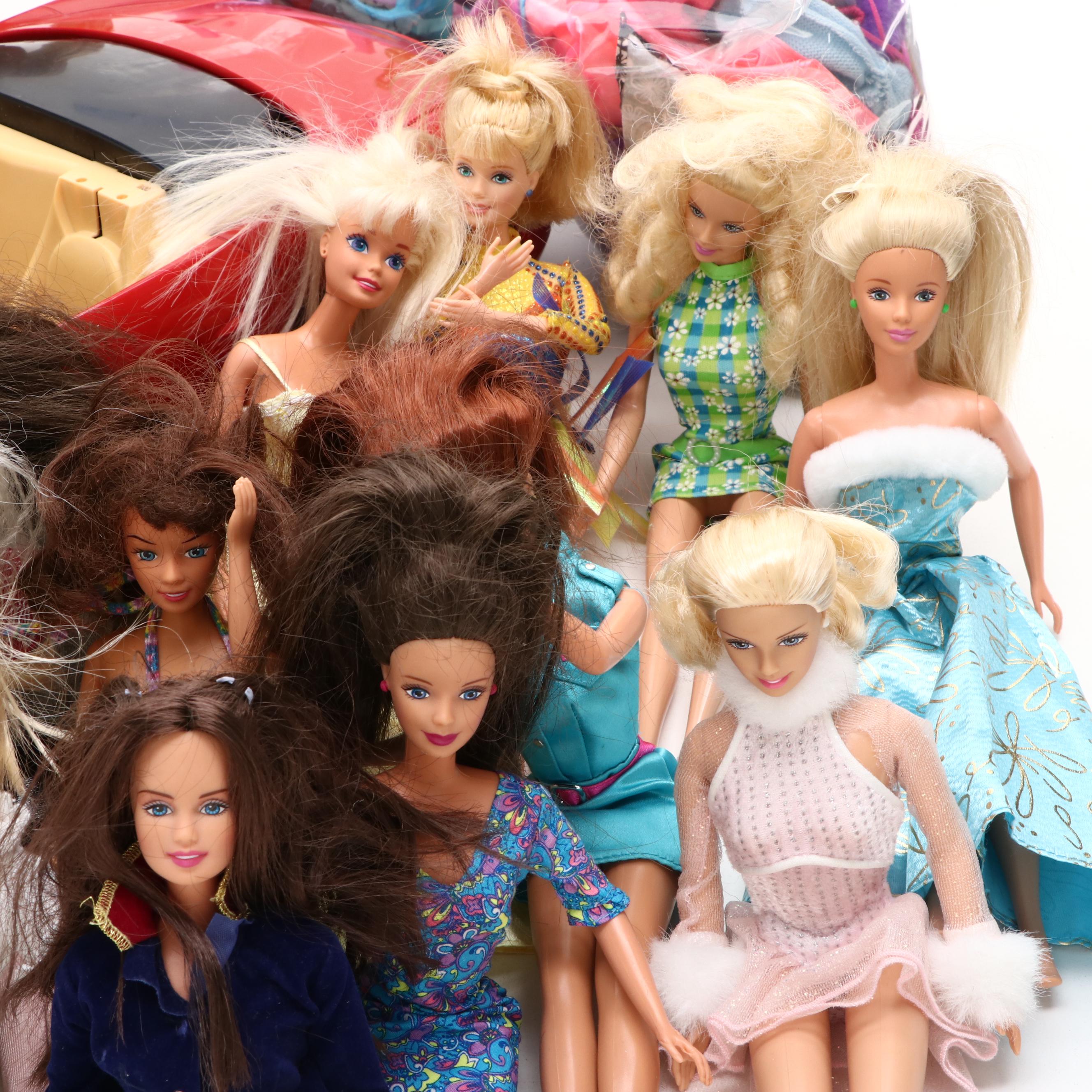 Barbie Porsche Boxster Sports Car, Walking Beauty Horse, and Barbie Dolls