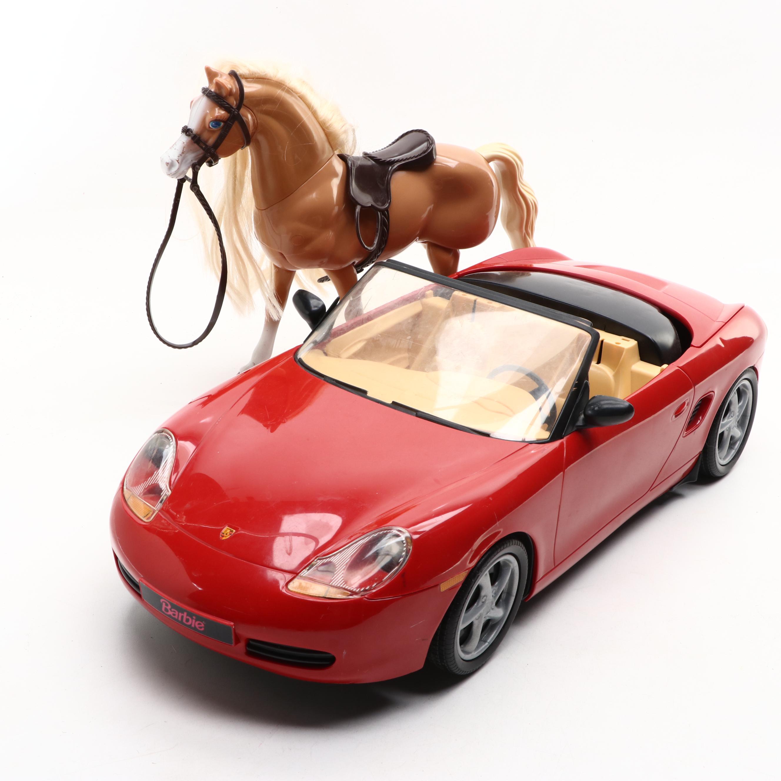 Barbie Porsche Boxster Sports Car, Walking Beauty Horse, and Barbie Dolls