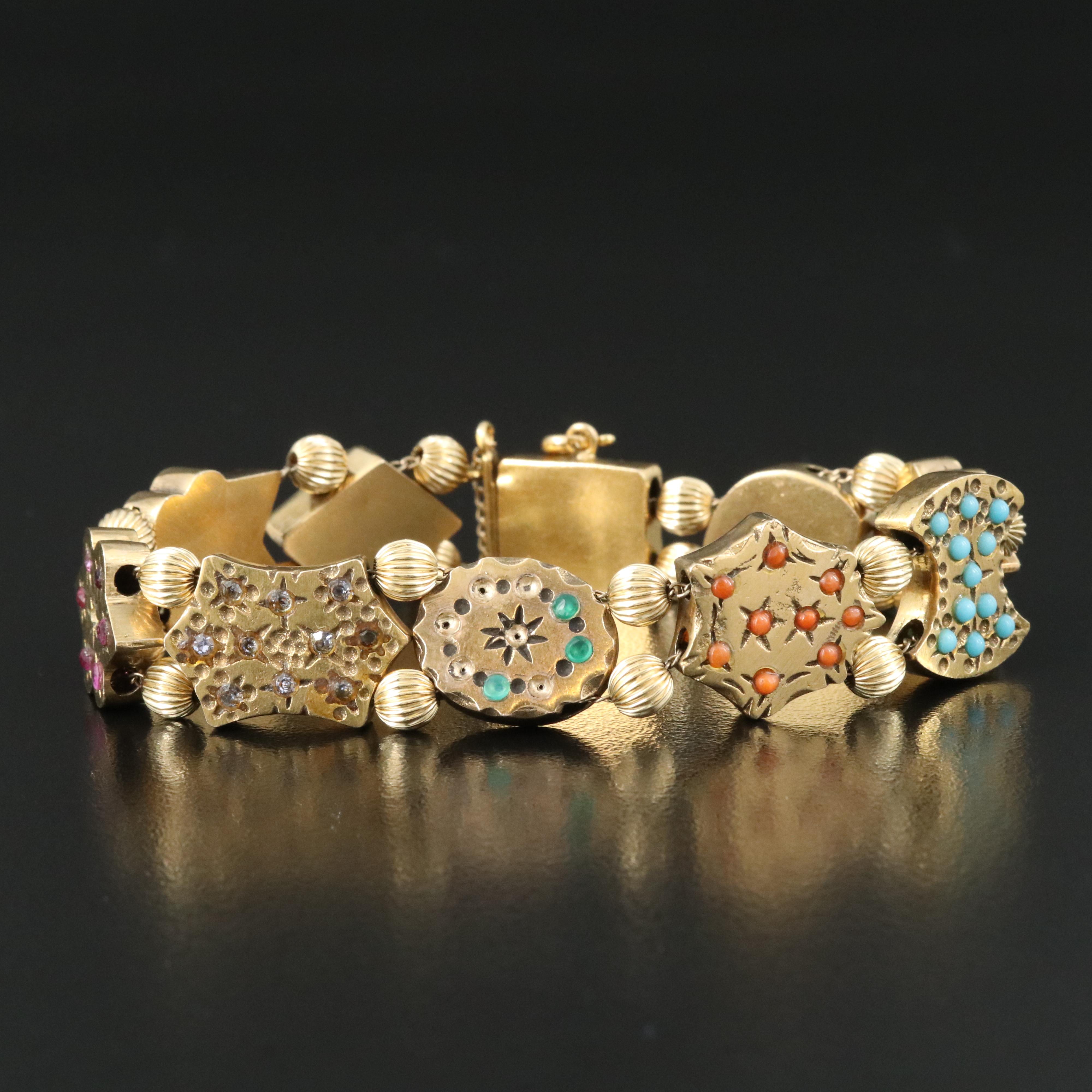 Victorial Revival 14K Slide Charm Bracelet with Multiple Gemstones