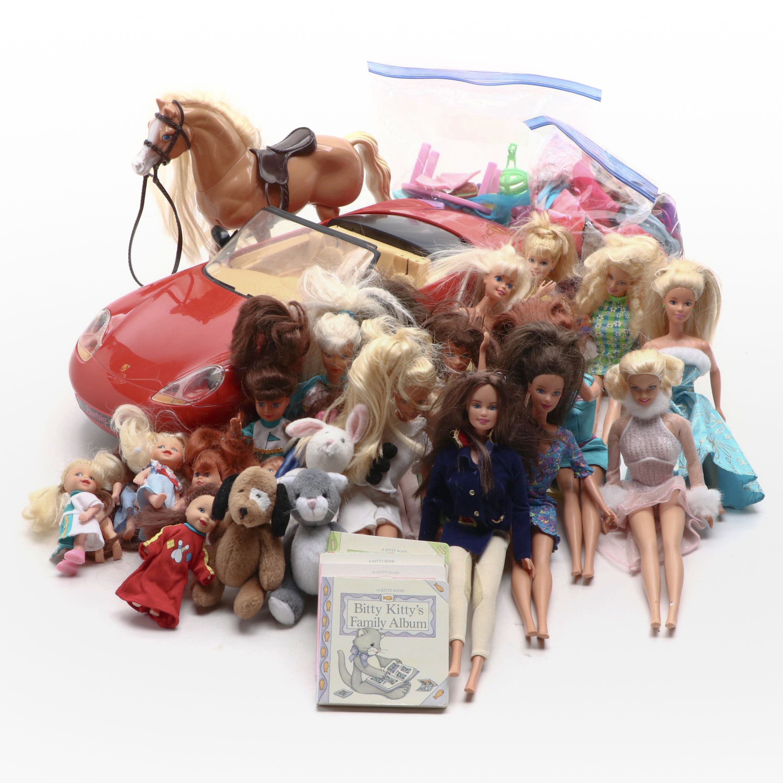 Barbie Porsche Boxster Sports Car, Walking Beauty Horse, and Barbie Dolls