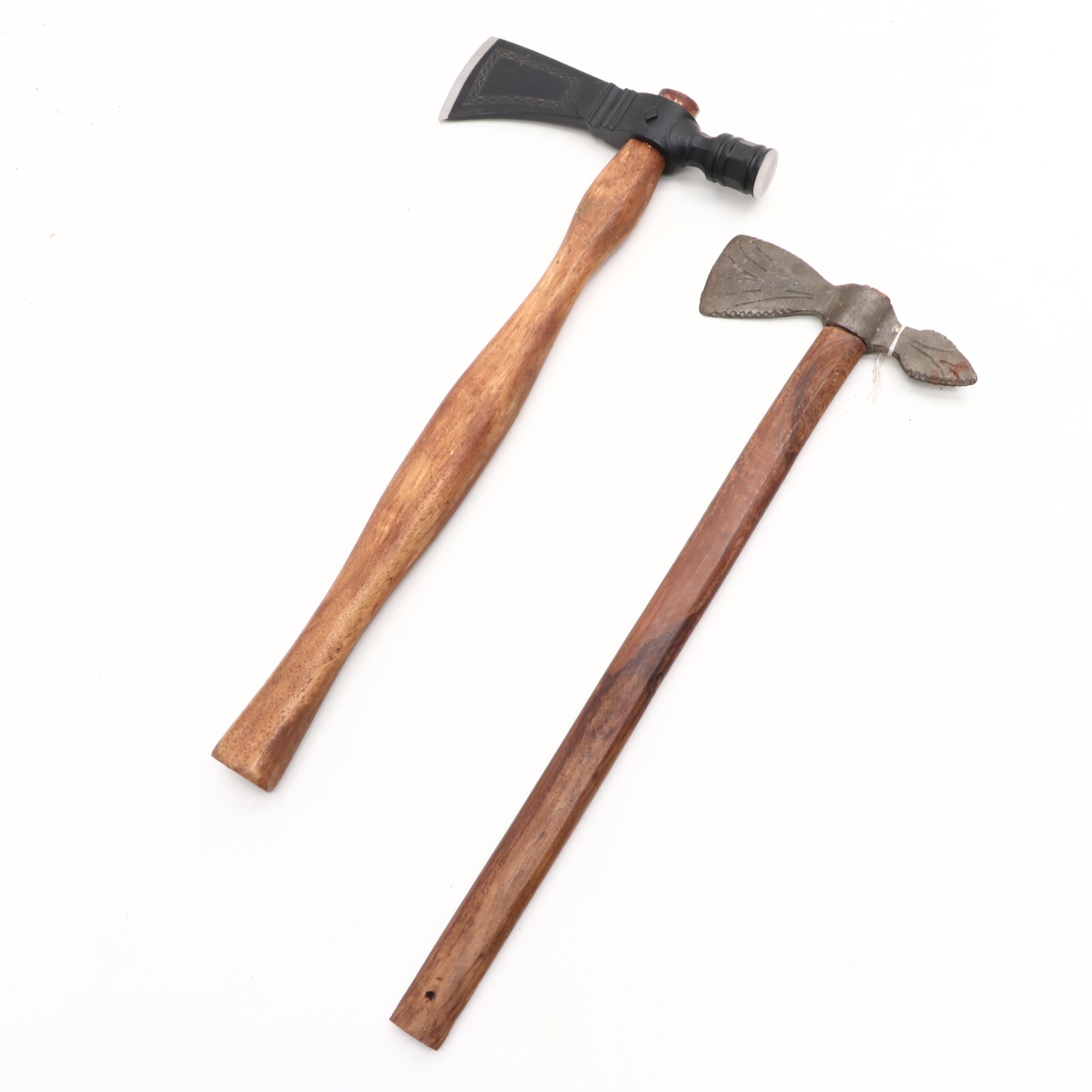 Native American Style Wood and Metal Tomahawk Axes and Carved Bone Bow