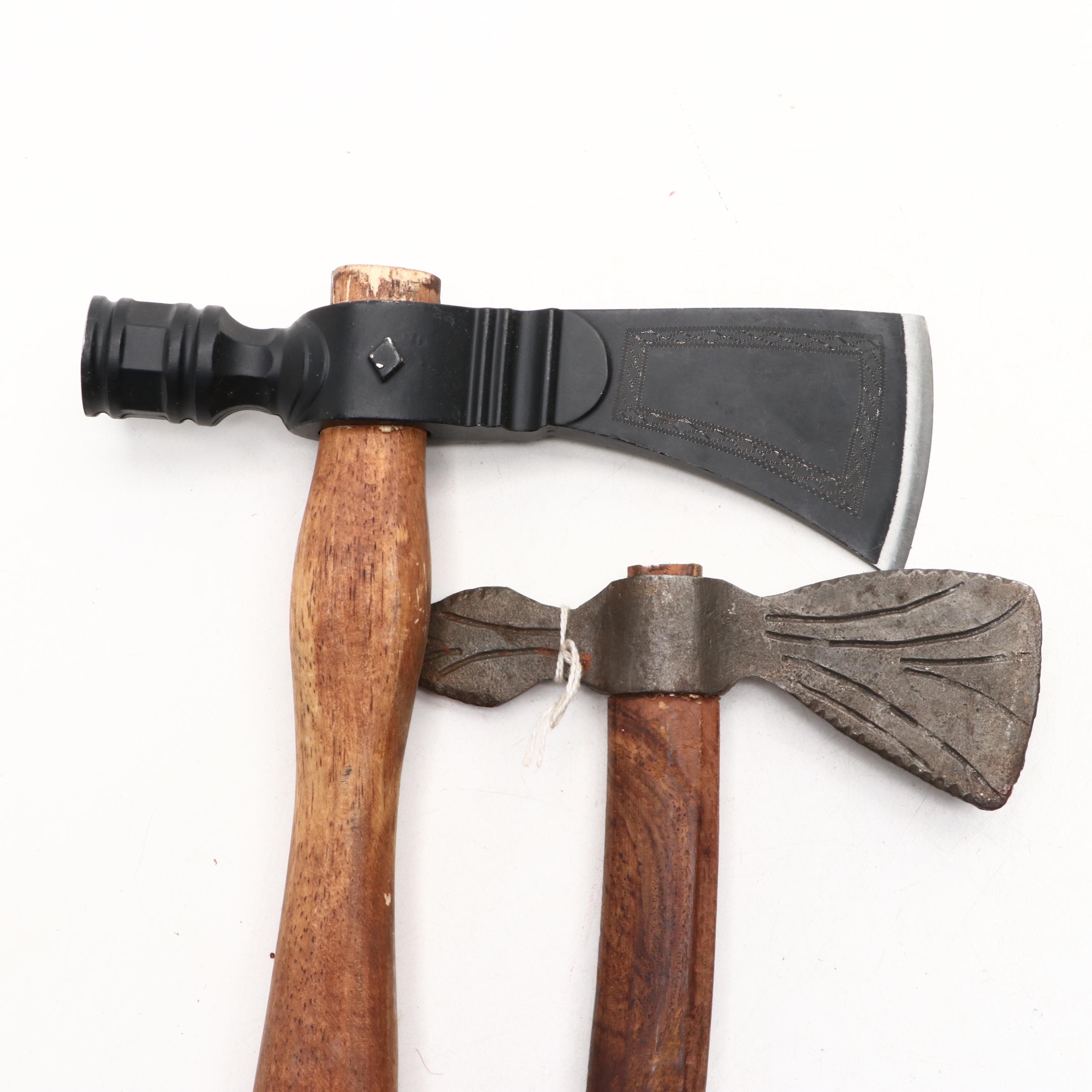 Native American Style Wood and Metal Tomahawk Axes and Carved Bone Bow