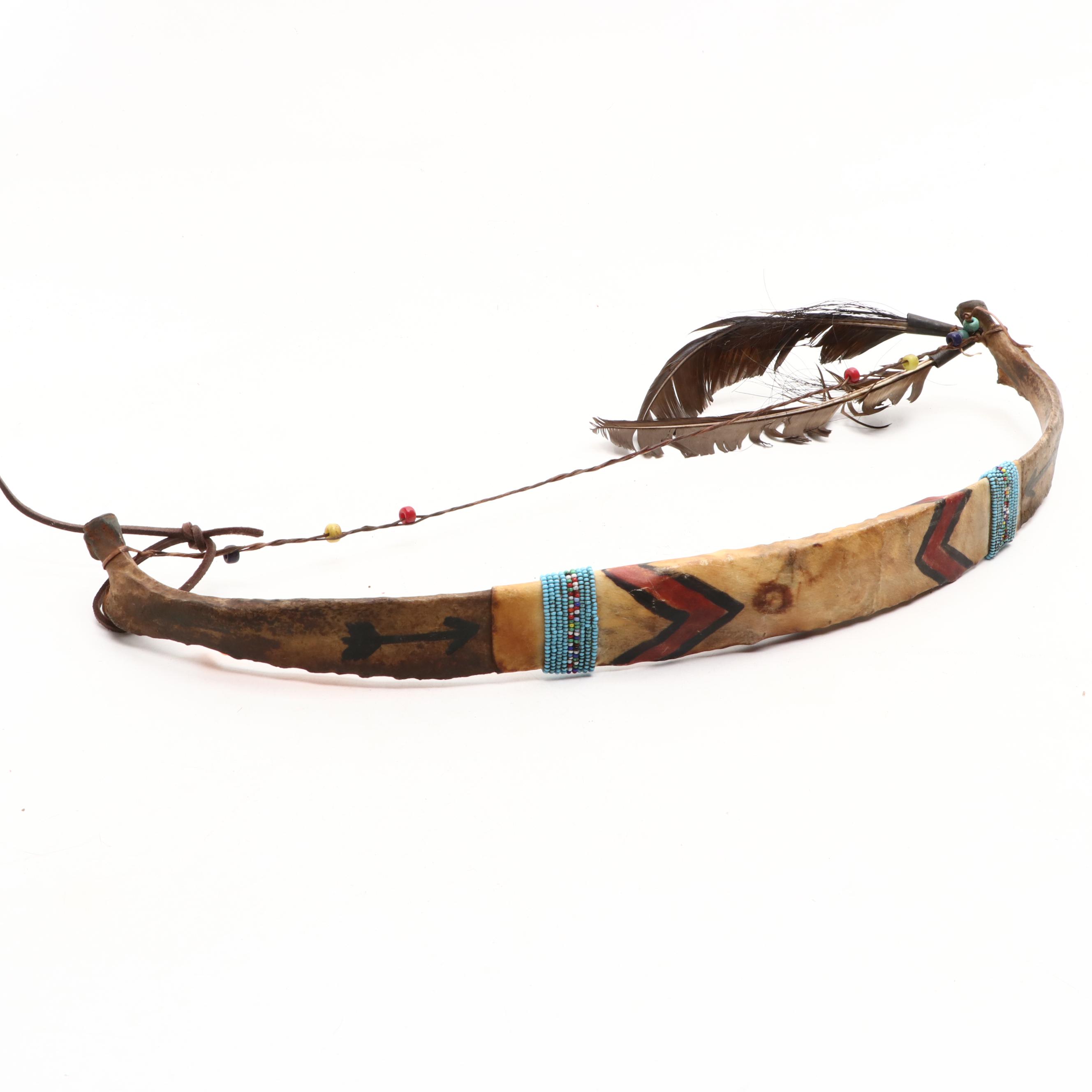 Native American Style Wood and Metal Tomahawk Axes and Carved Bone Bow