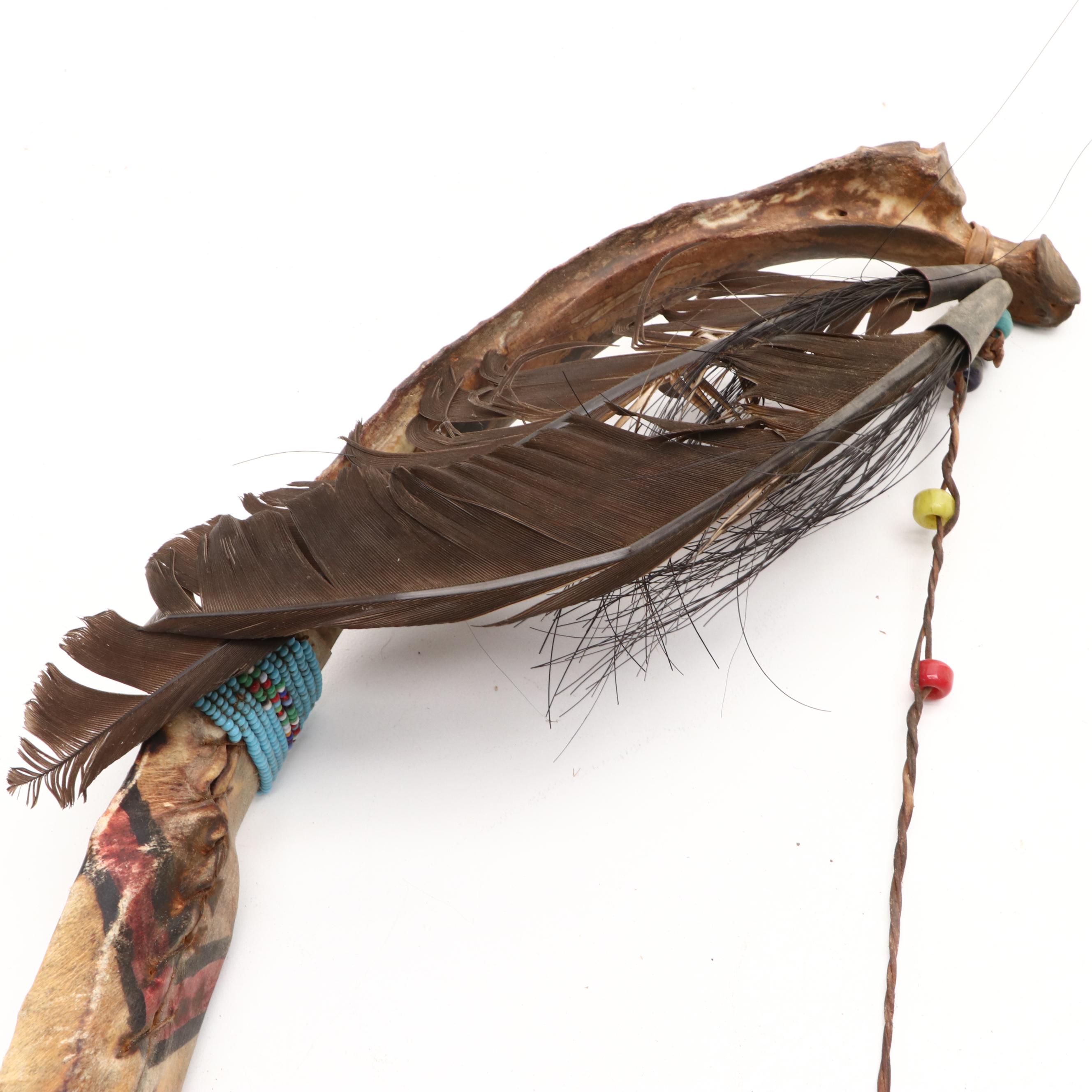 Native American Style Wood and Metal Tomahawk Axes and Carved Bone Bow