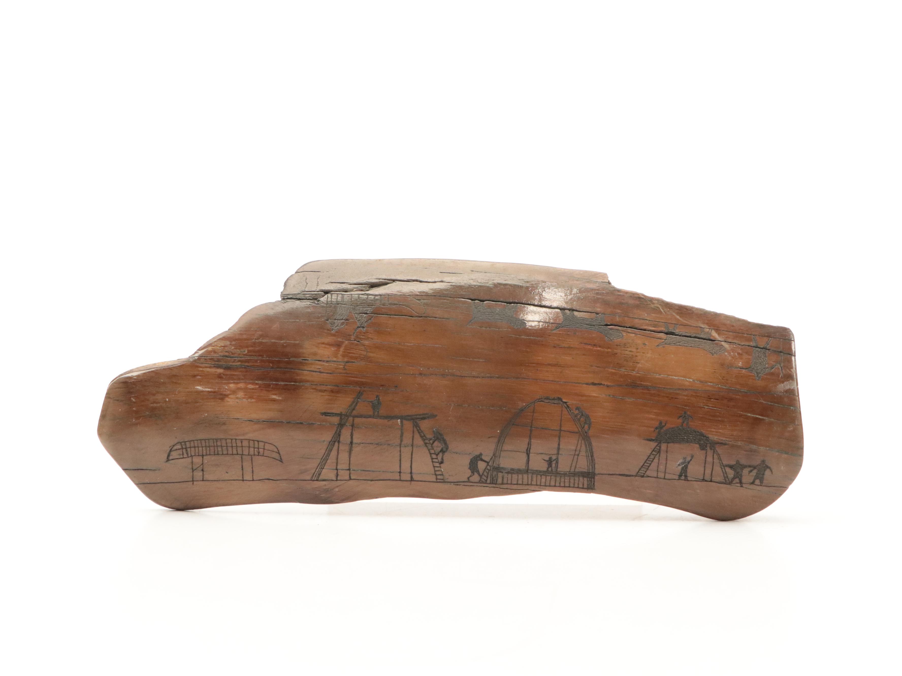 Fossilized Mammoth Ivory Depicting Migrating Mammoths and Other Scrimshaw Pieces