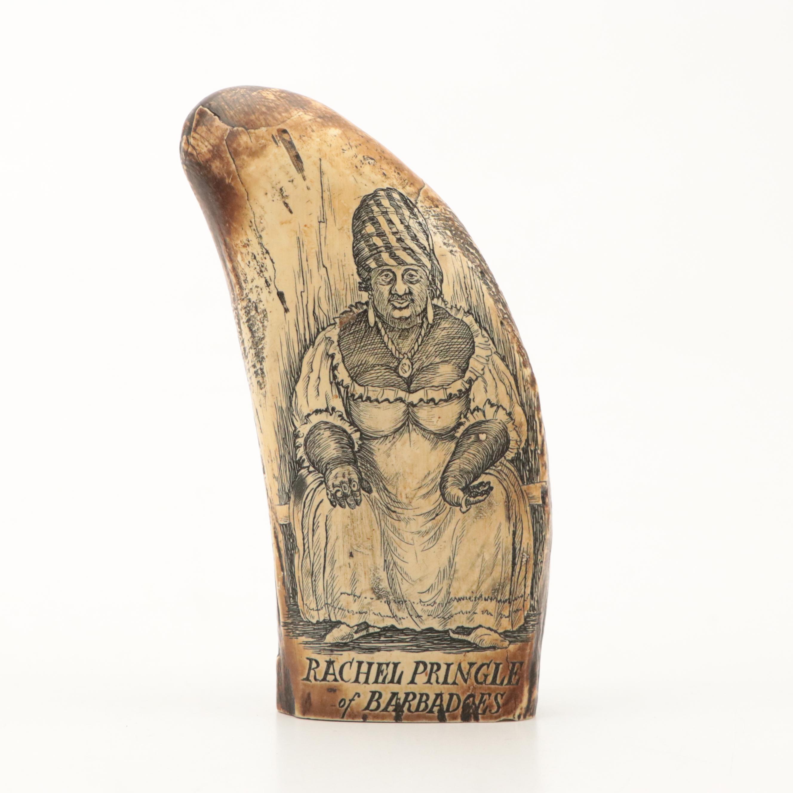 Fossilized Mammoth Ivory Depicting Migrating Mammoths and Other Scrimshaw Pieces