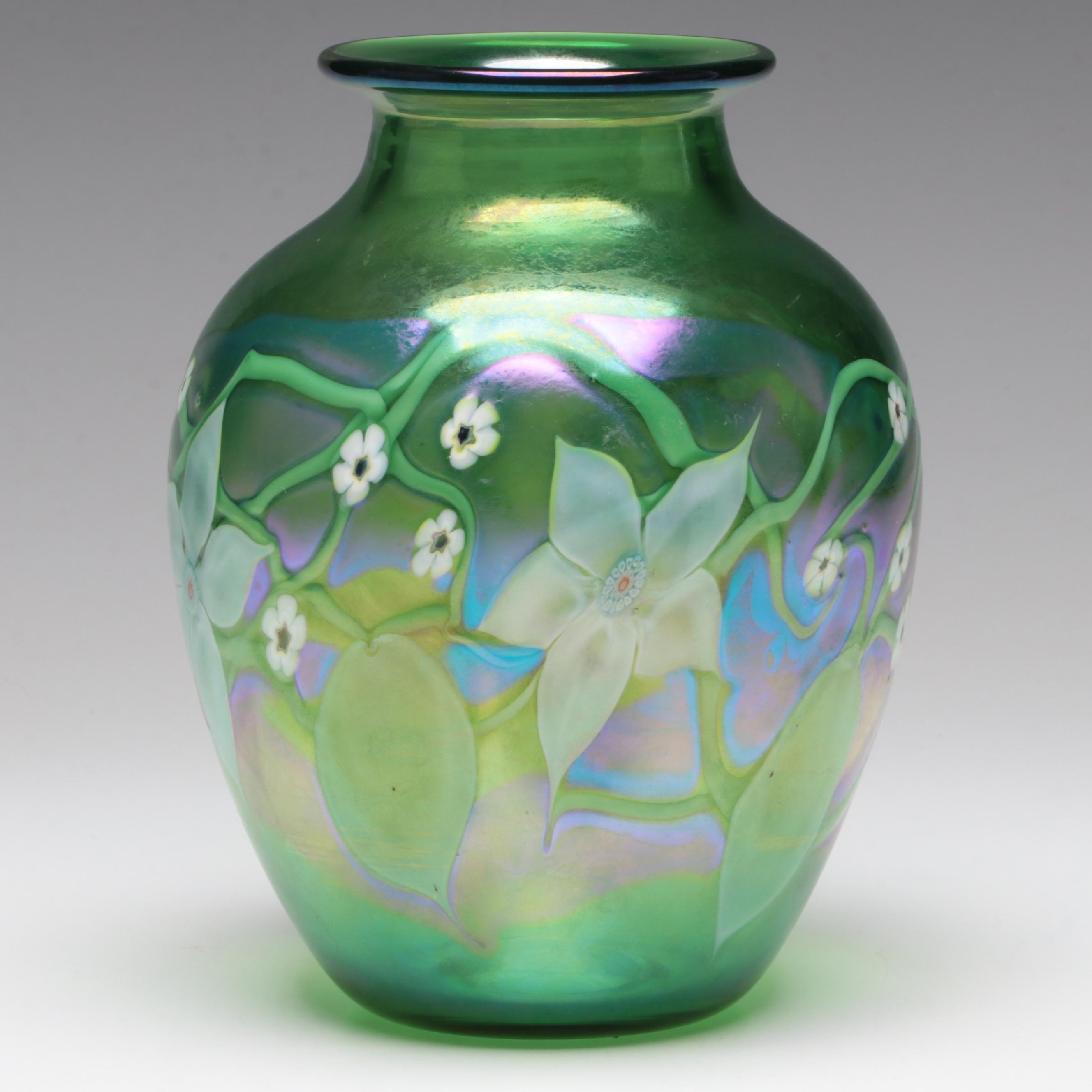Orient & Flume Handblown Iridescent Floral Art Glass Vase with Murrine, 1985