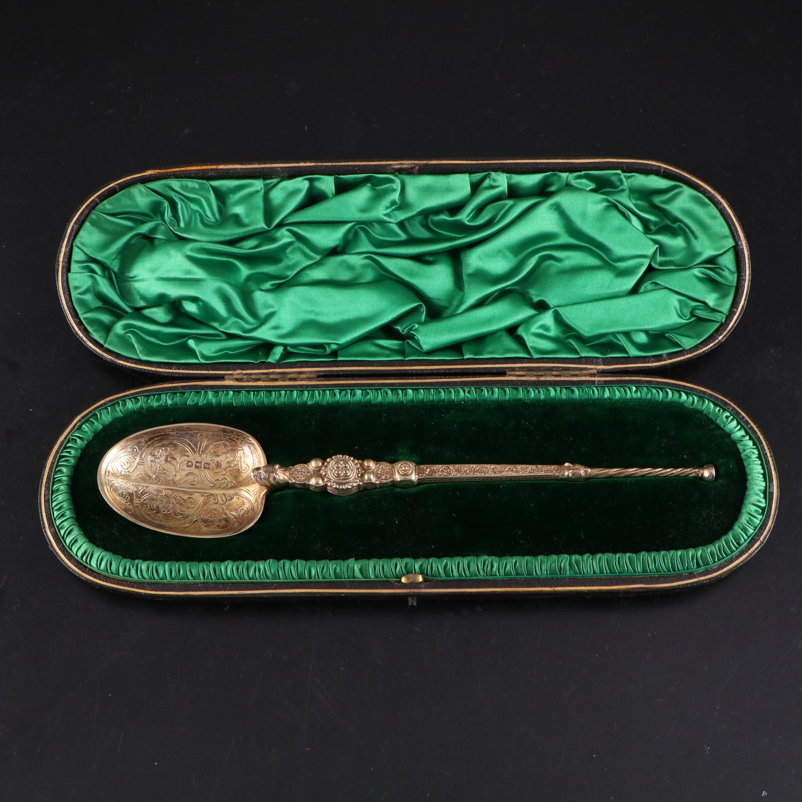 English Engraved Sterling Silver Spoon with Green Velvet Lined Presentation Case