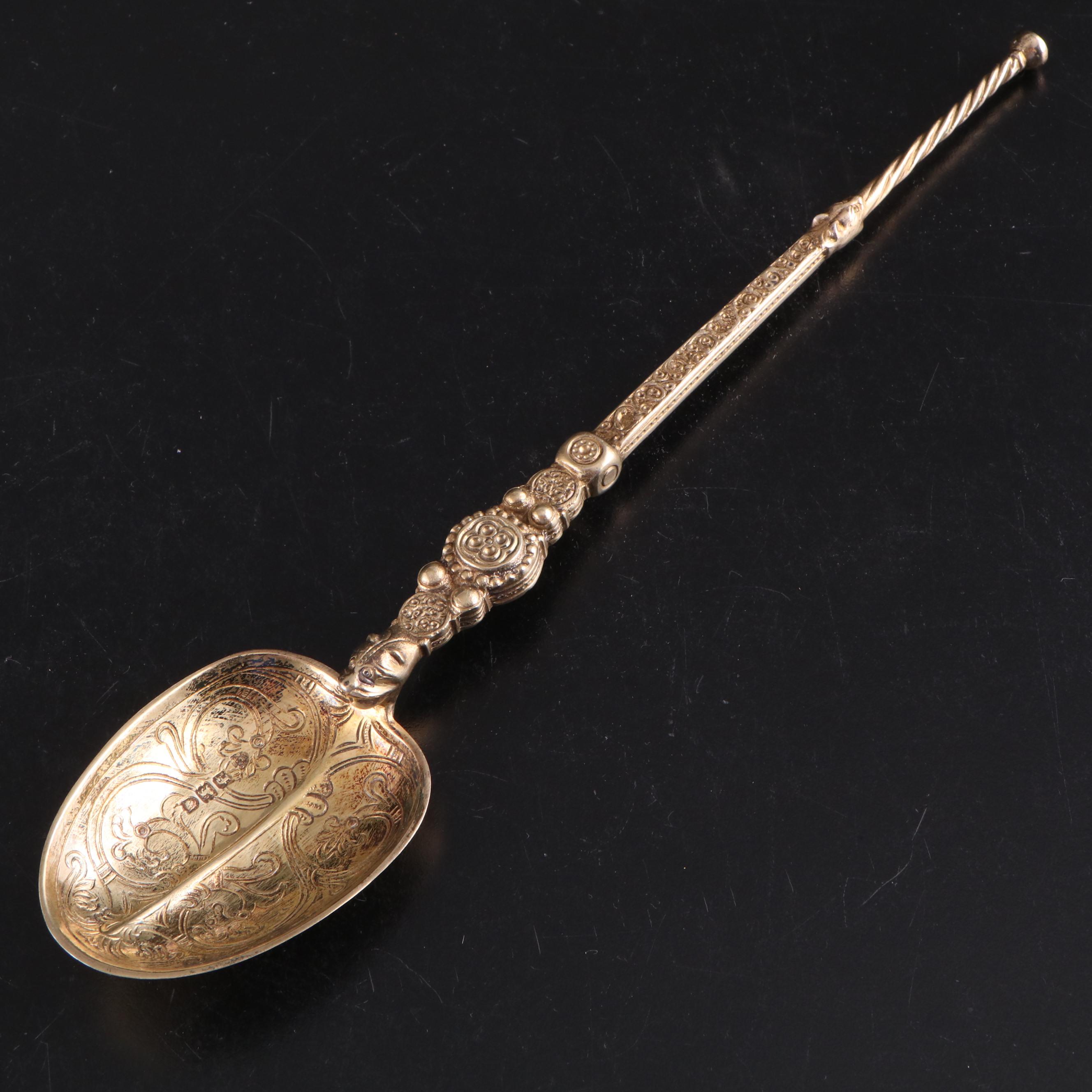 English Engraved Sterling Silver Spoon with Green Velvet Lined Presentation Case