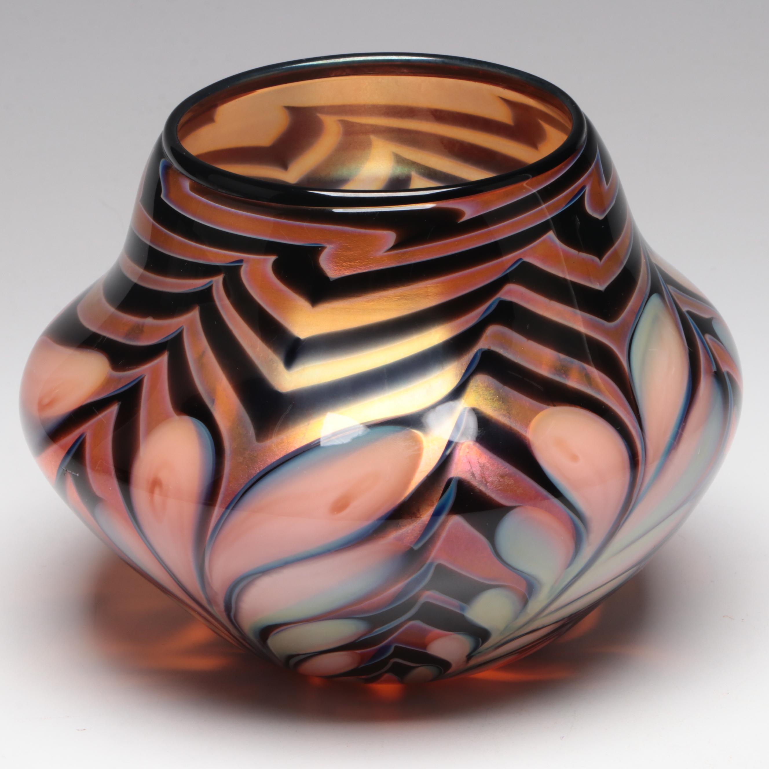 Daniel Lotton Handblown Iridescent Pulled Feather Studio Art Glass Vase, 1986