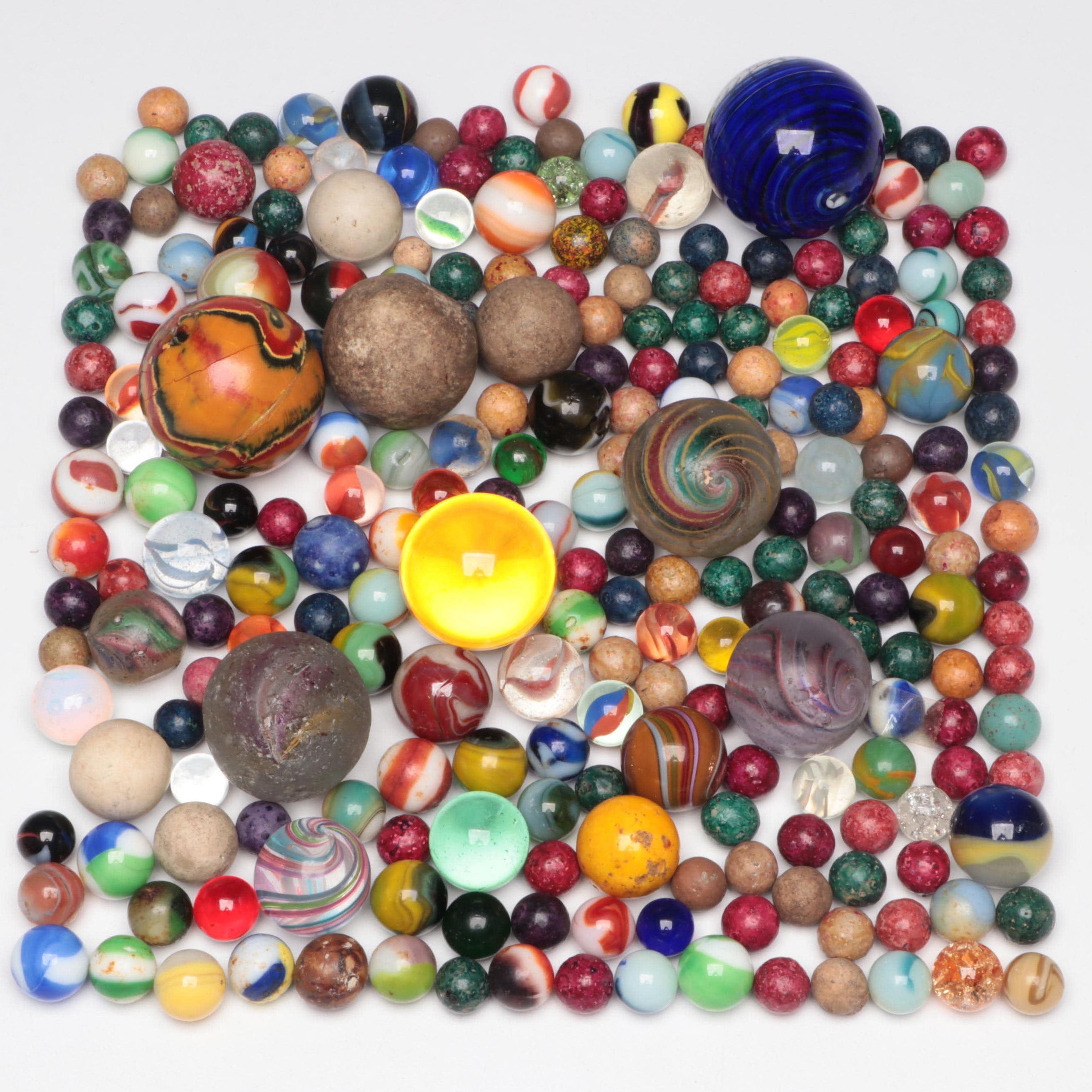 Bennington Clay, Glass Agate, Swirlies, Cateyes and More Glass Shooters, Marbles