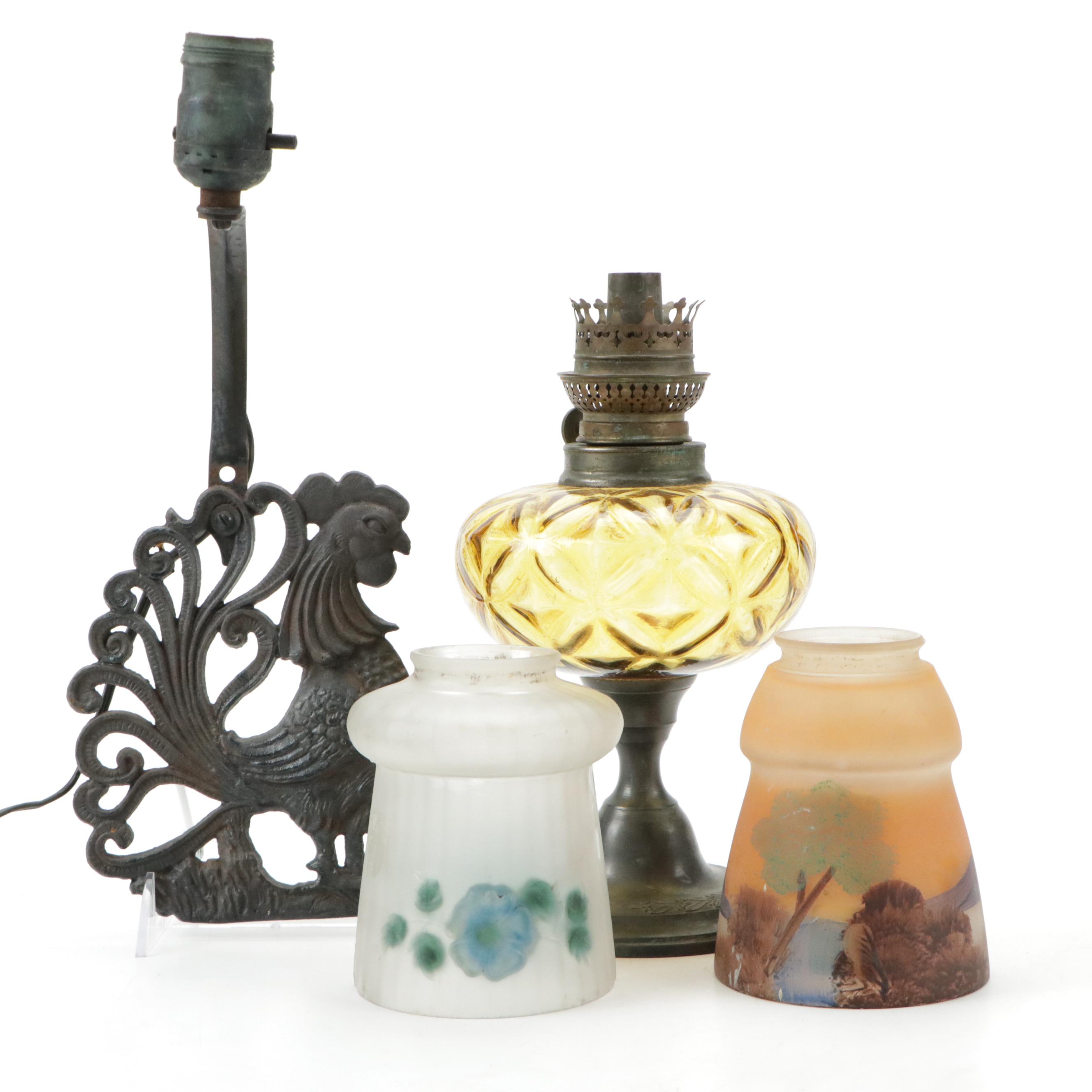 Cast Iron Electrical Rooster Wall Sconce, Frosted Glass Lamp Shades and Oil Lamp
