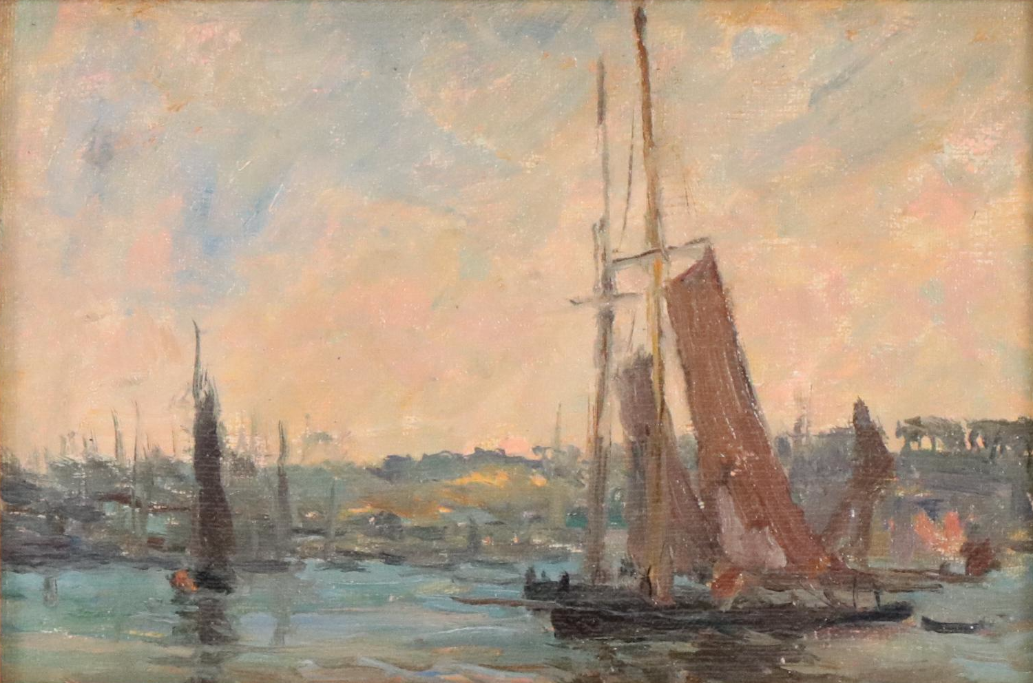 Landscape Oil Painting of Boats in Harbor Scene
