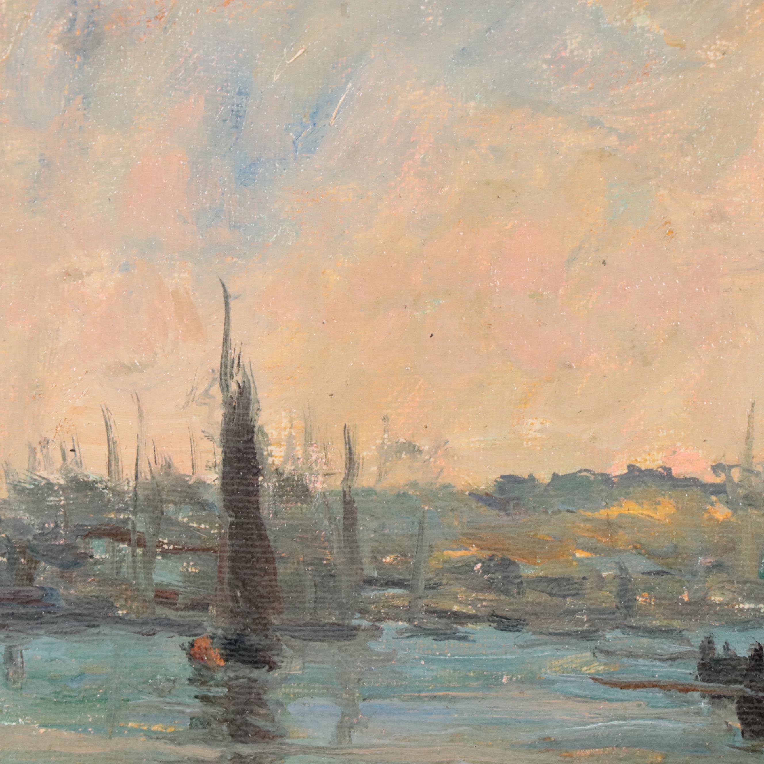 Landscape Oil Painting of Boats in Harbor Scene
