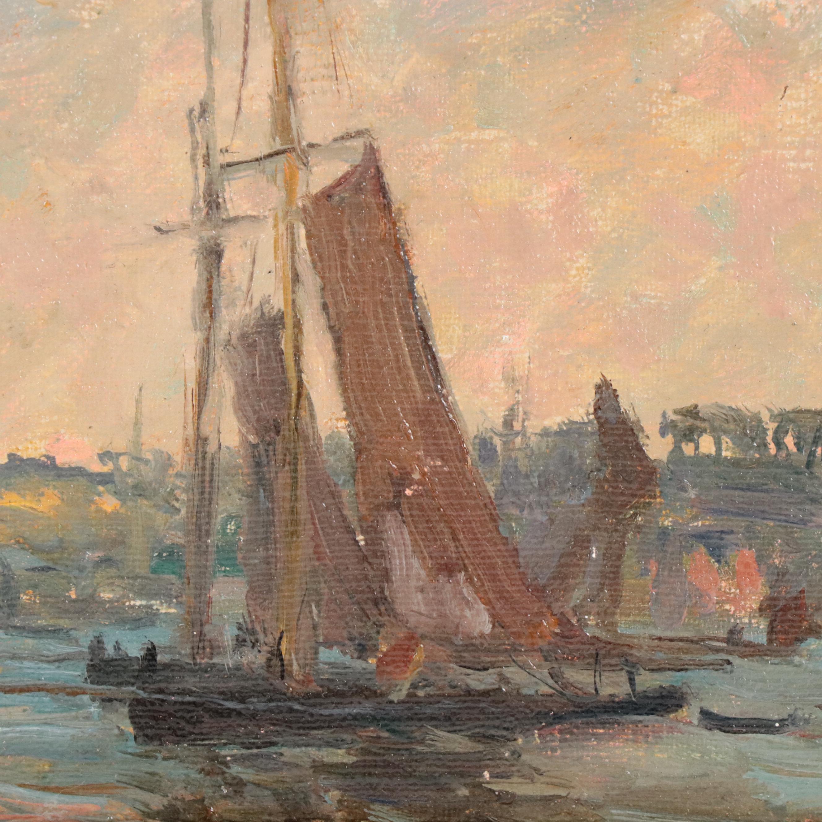 Landscape Oil Painting of Boats in Harbor Scene