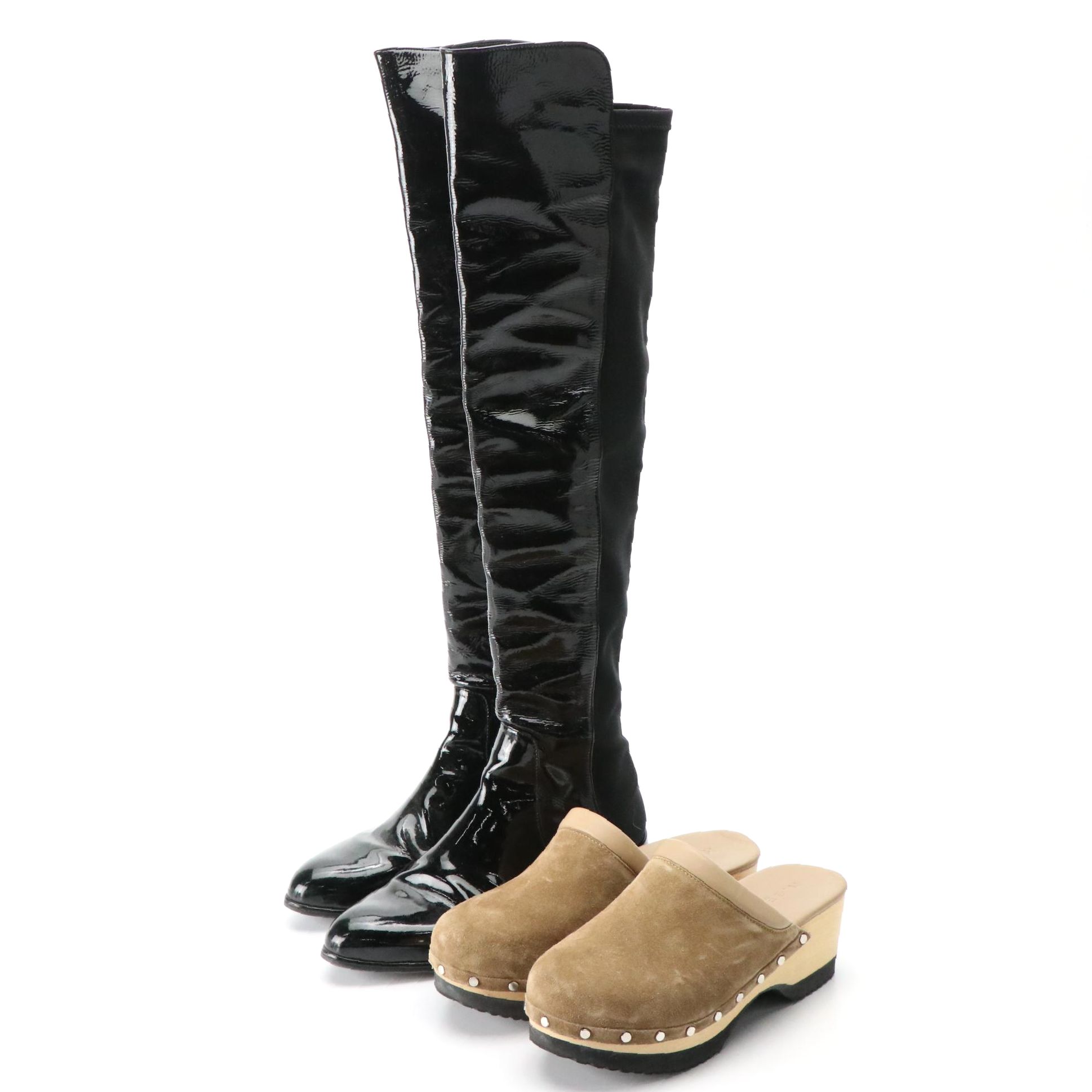 Stuart Weitzman Black Patent Leather and Textile Boots and M. Gemi Suede Clogs