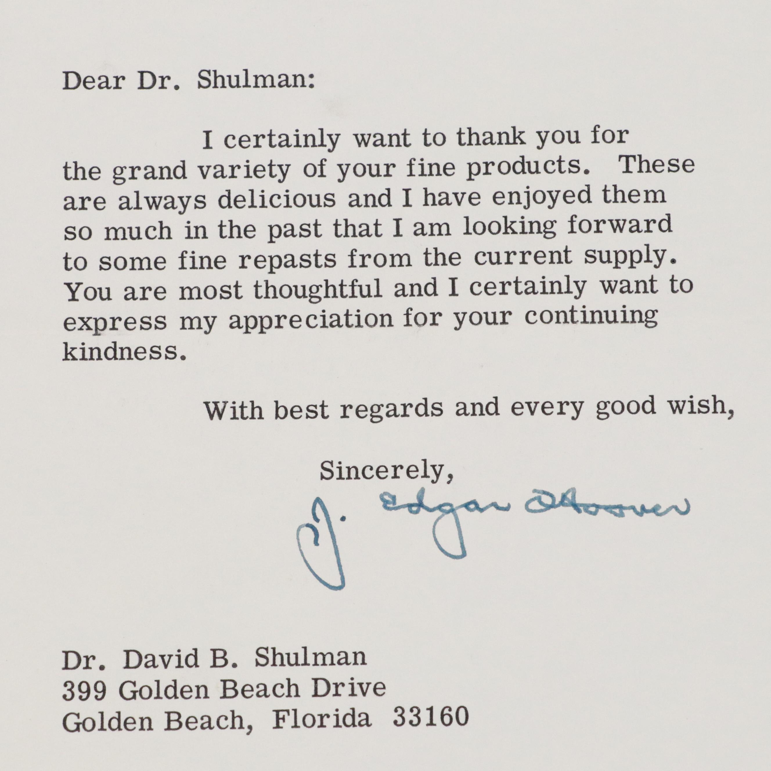 J. Edgar Hoover Signed Letter to Dr. Dave B Shulman