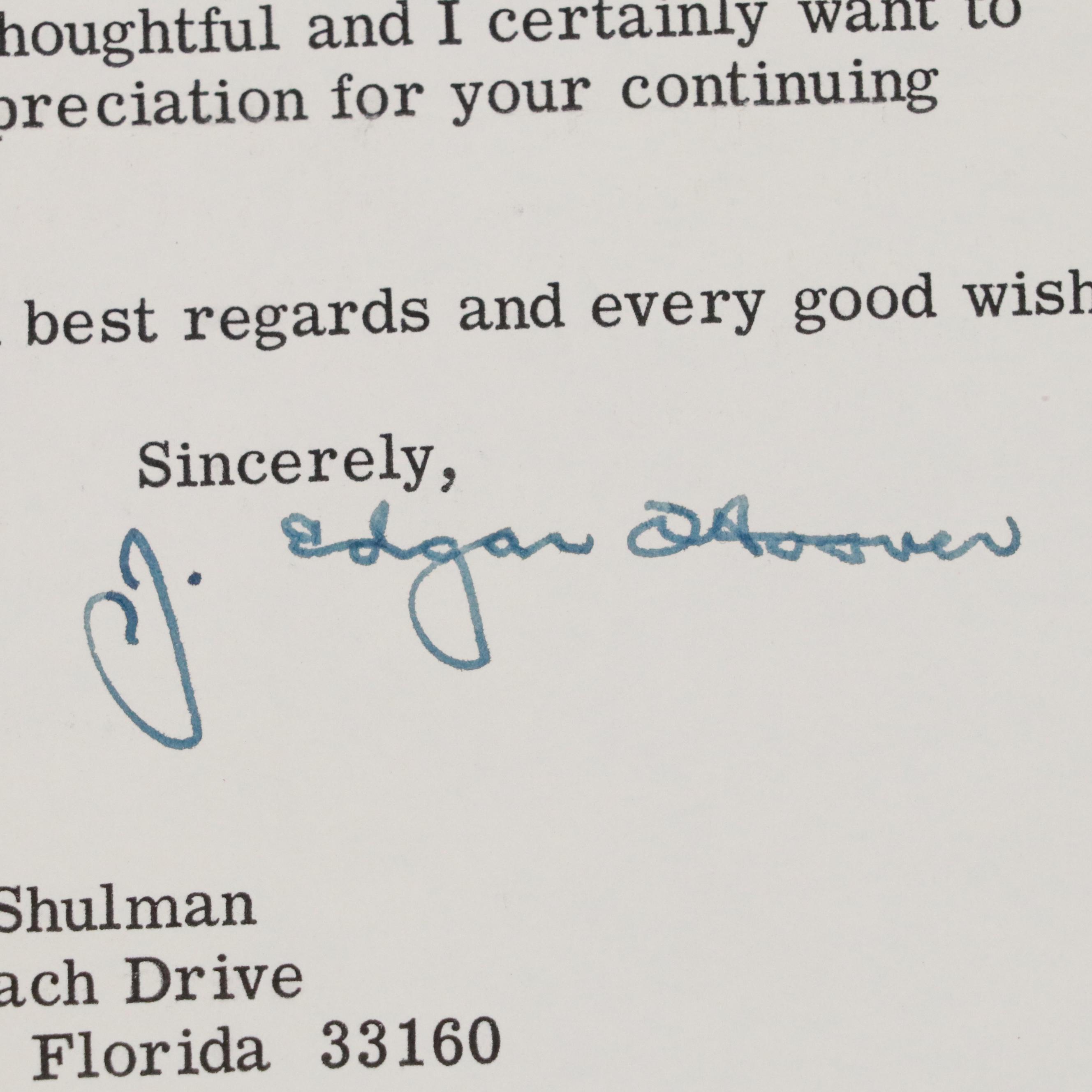 J. Edgar Hoover Signed Letter to Dr. Dave B Shulman