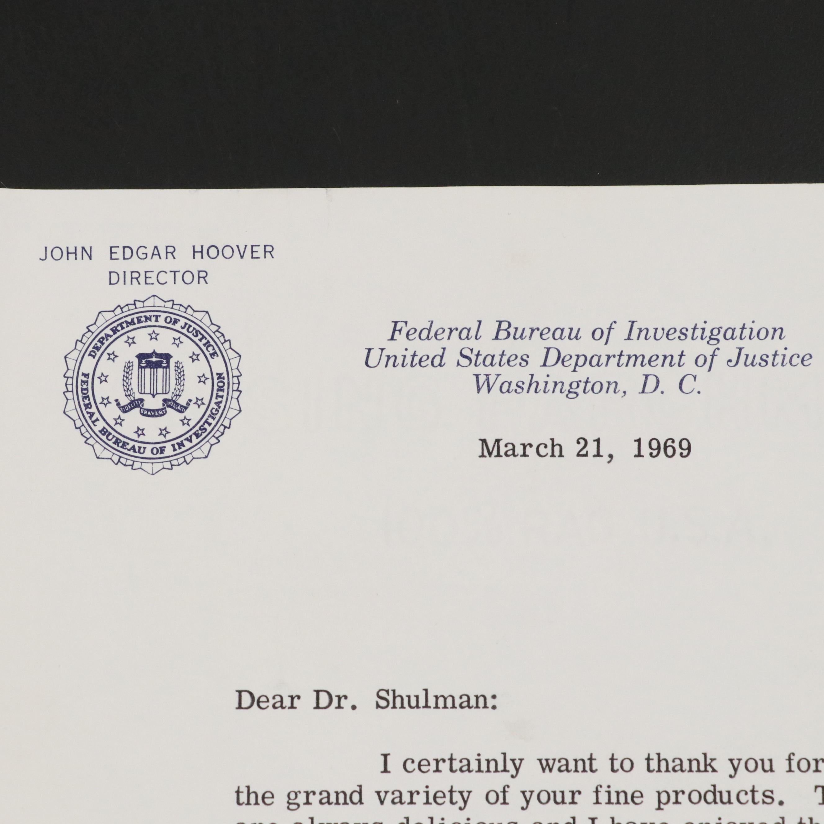 J. Edgar Hoover Signed Letter to Dr. Dave B Shulman
