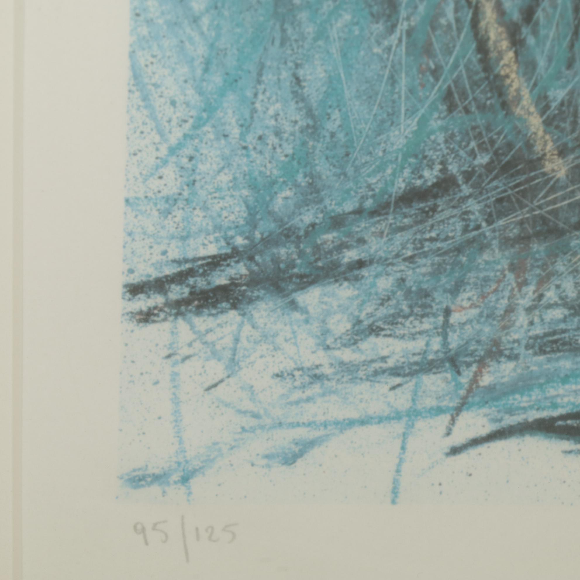 Stylized Nocturne Forest Landscape Color Lithograph, 1989