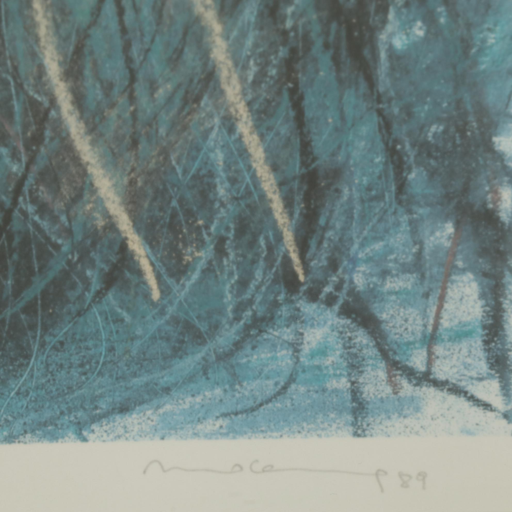 Stylized Nocturne Forest Landscape Color Lithograph, 1989