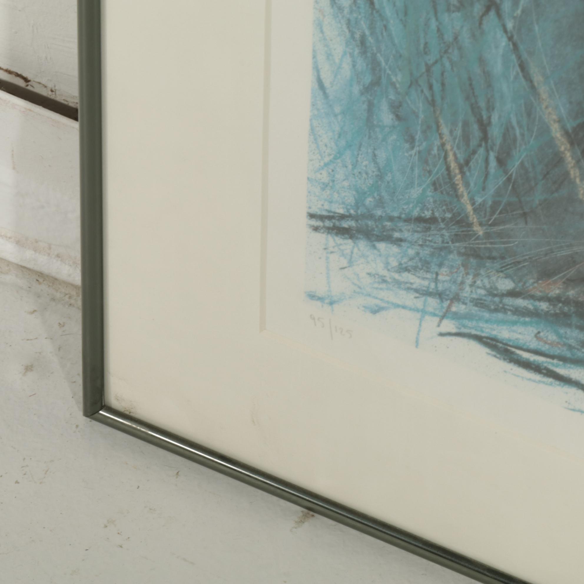 Stylized Nocturne Forest Landscape Color Lithograph, 1989