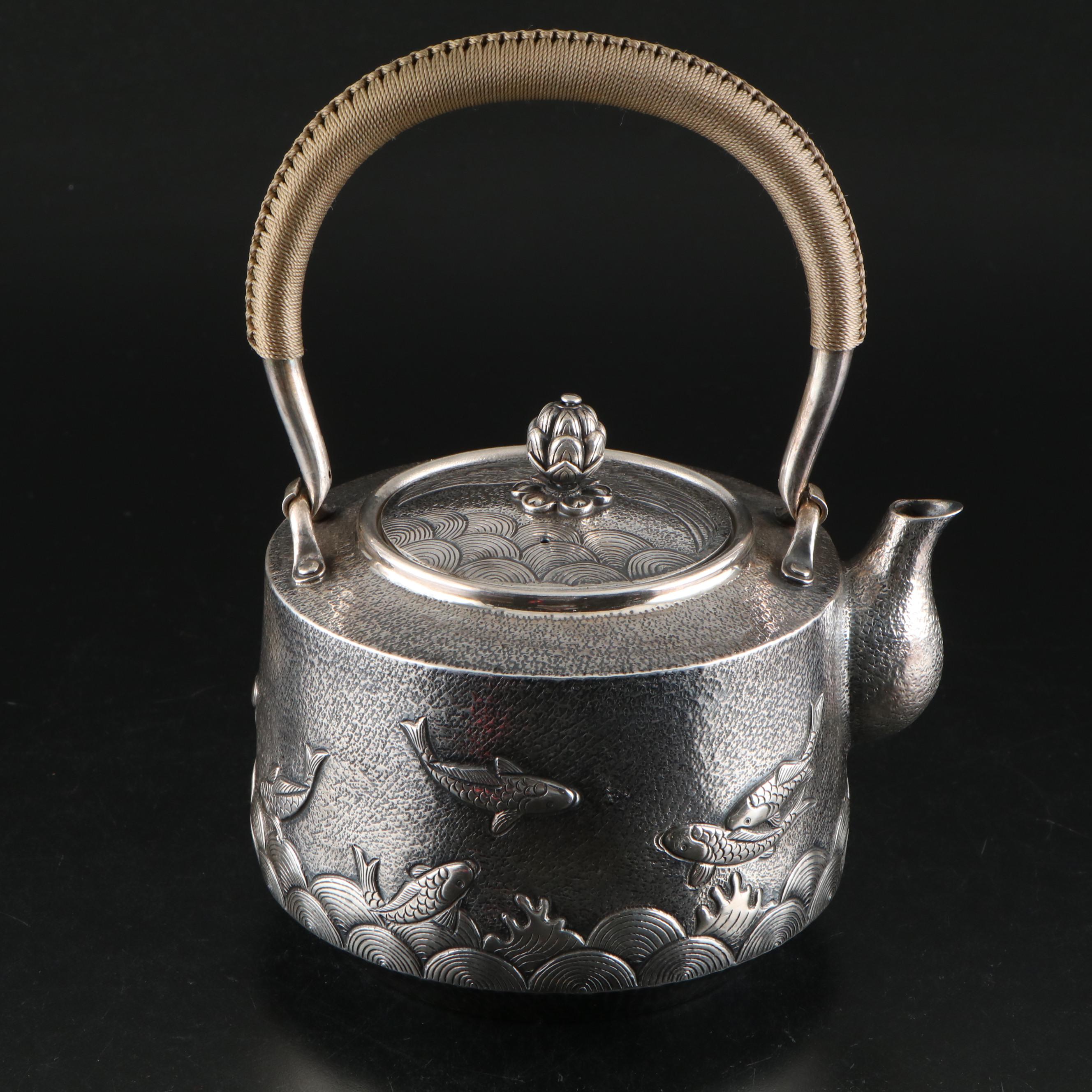 East Asian Sterling Silver Tea Kettle with Koi Fish Motif