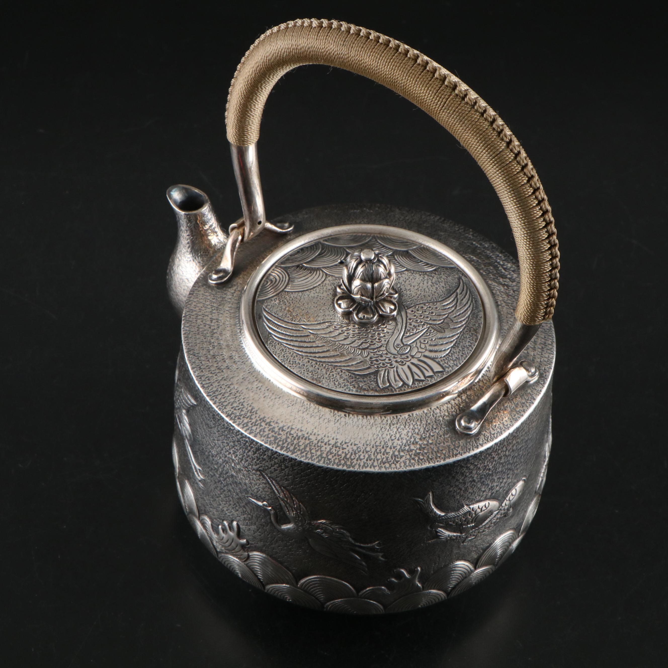 East Asian Sterling Silver Tea Kettle with Koi Fish Motif