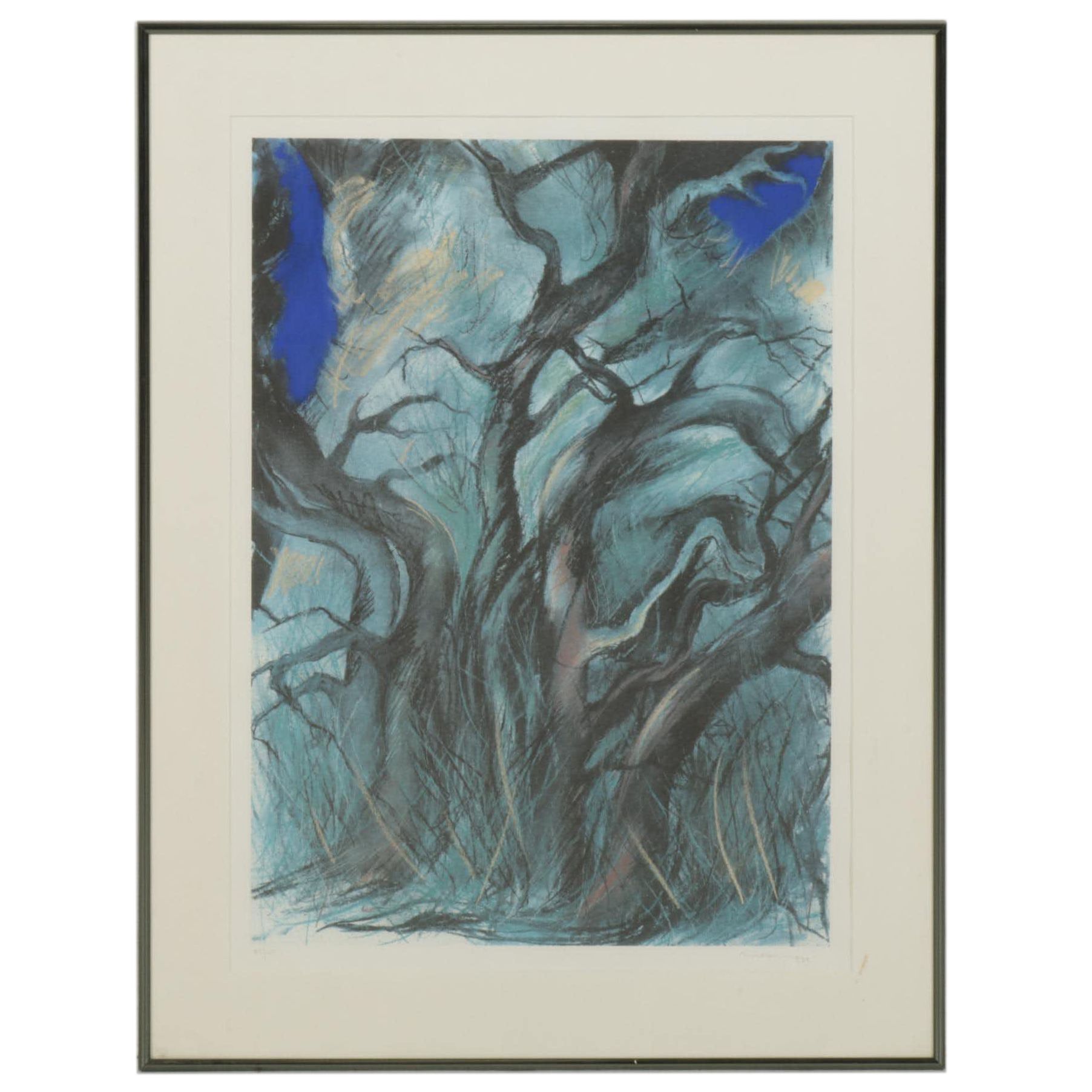 Stylized Nocturne Forest Landscape Color Lithograph, 1989