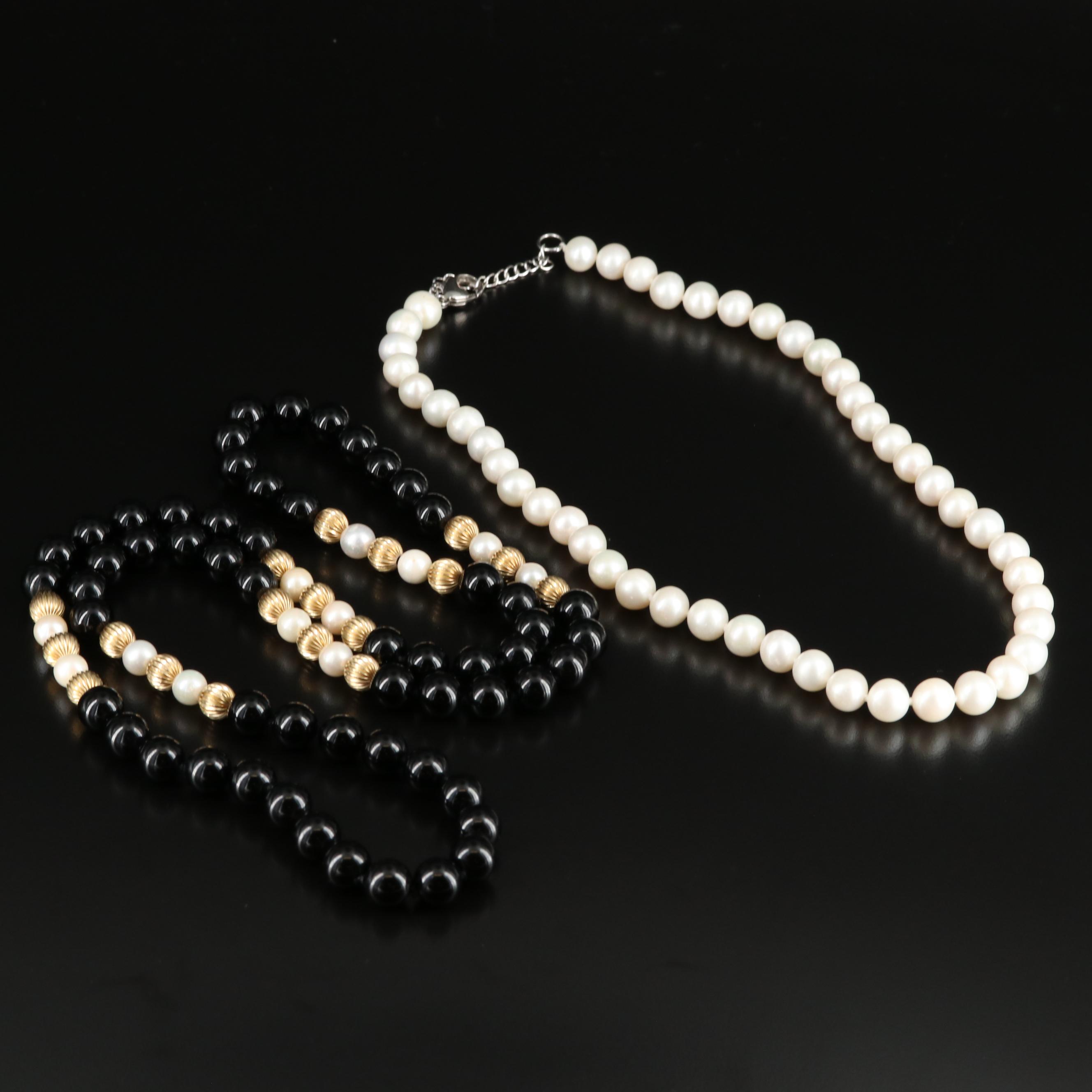 Pearl Necklace and Black Onyx Necklace with Pearl and Gold-Tone Accents