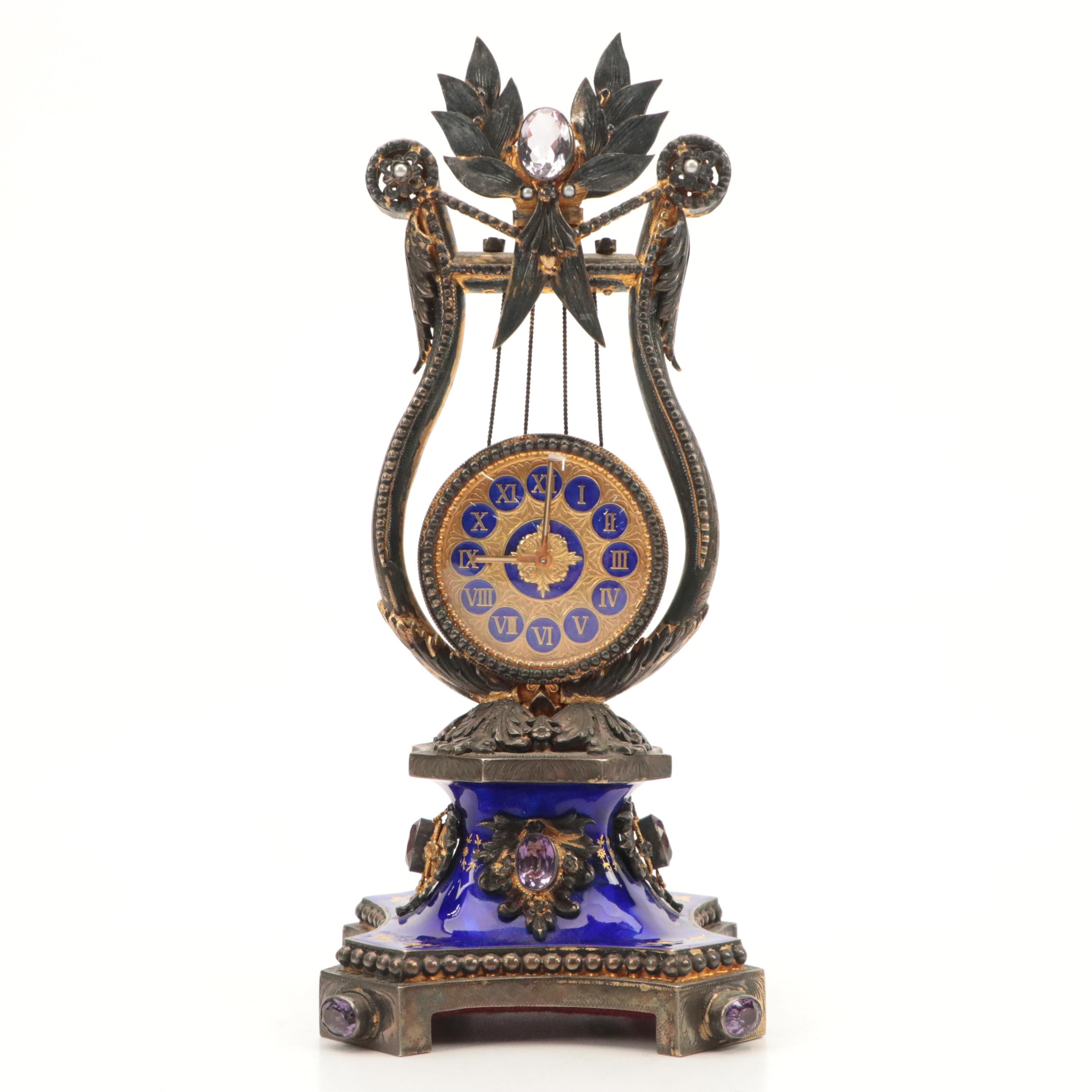 Reuge Silver Gilt, Amethyst-Set and Enameled Clock/Music Box
