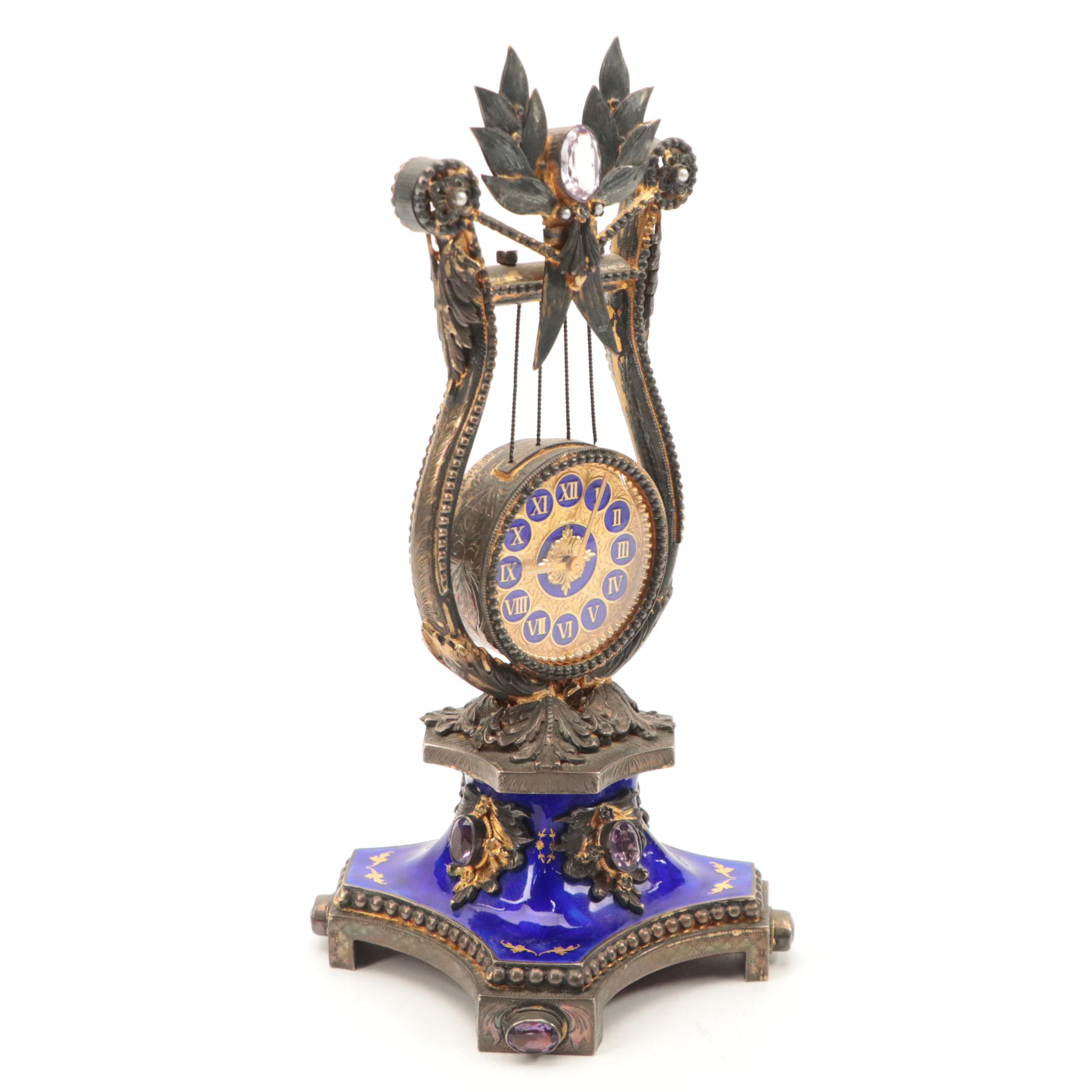 Reuge Silver Gilt, Amethyst-Set and Enameled Clock/Music Box