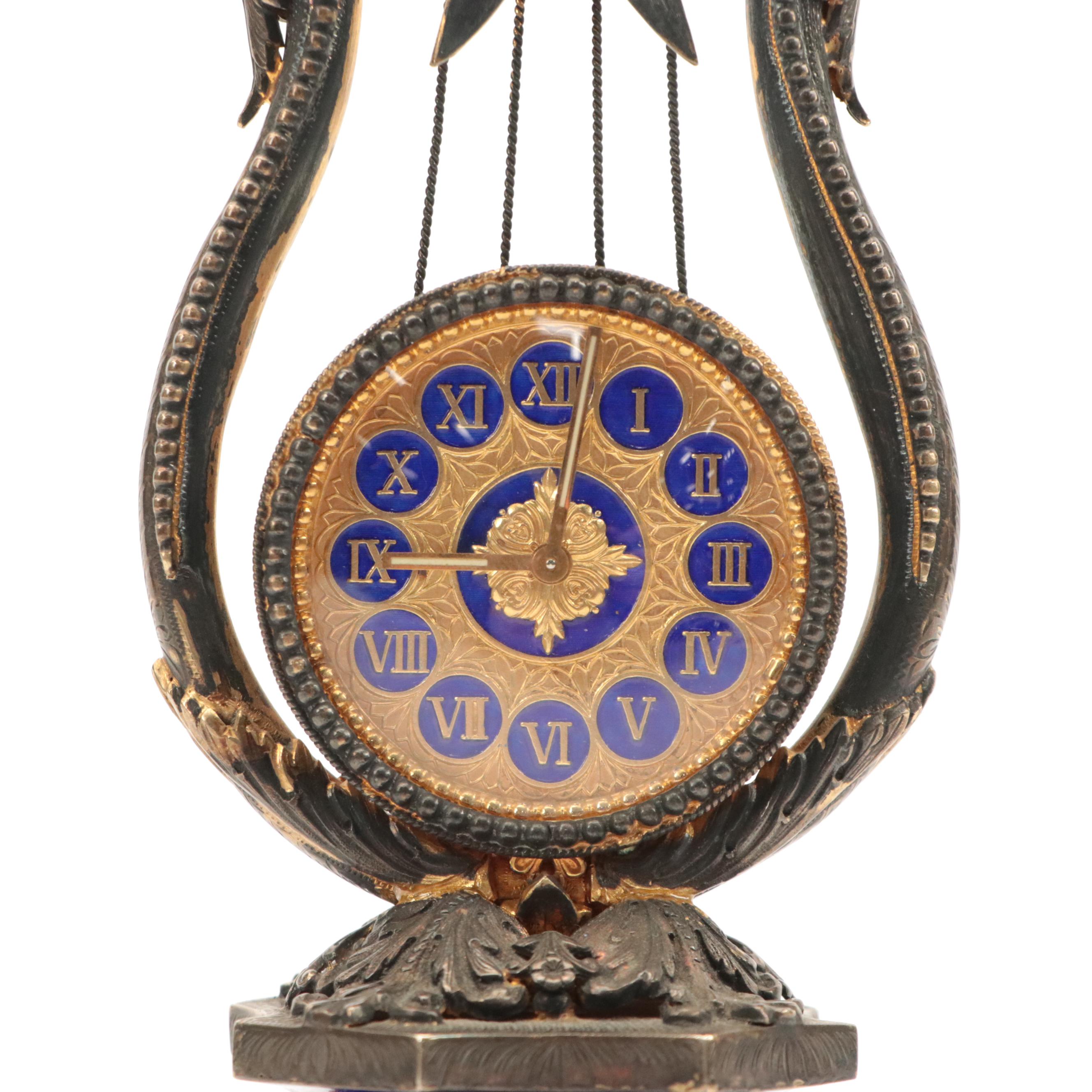 Reuge Silver Gilt, Amethyst-Set and Enameled Clock/Music Box