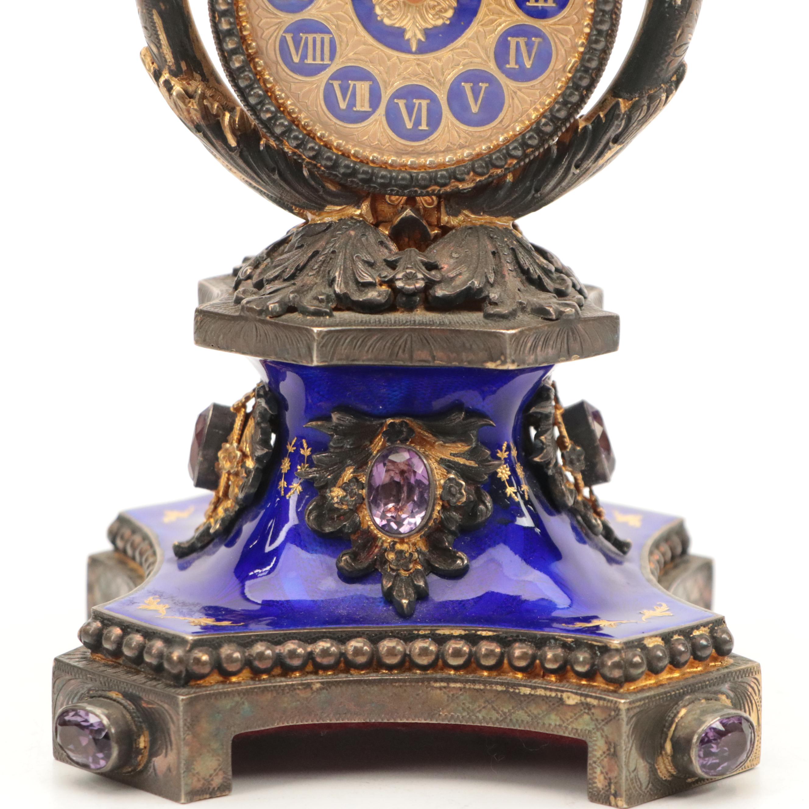 Reuge Silver Gilt, Amethyst-Set and Enameled Clock/Music Box