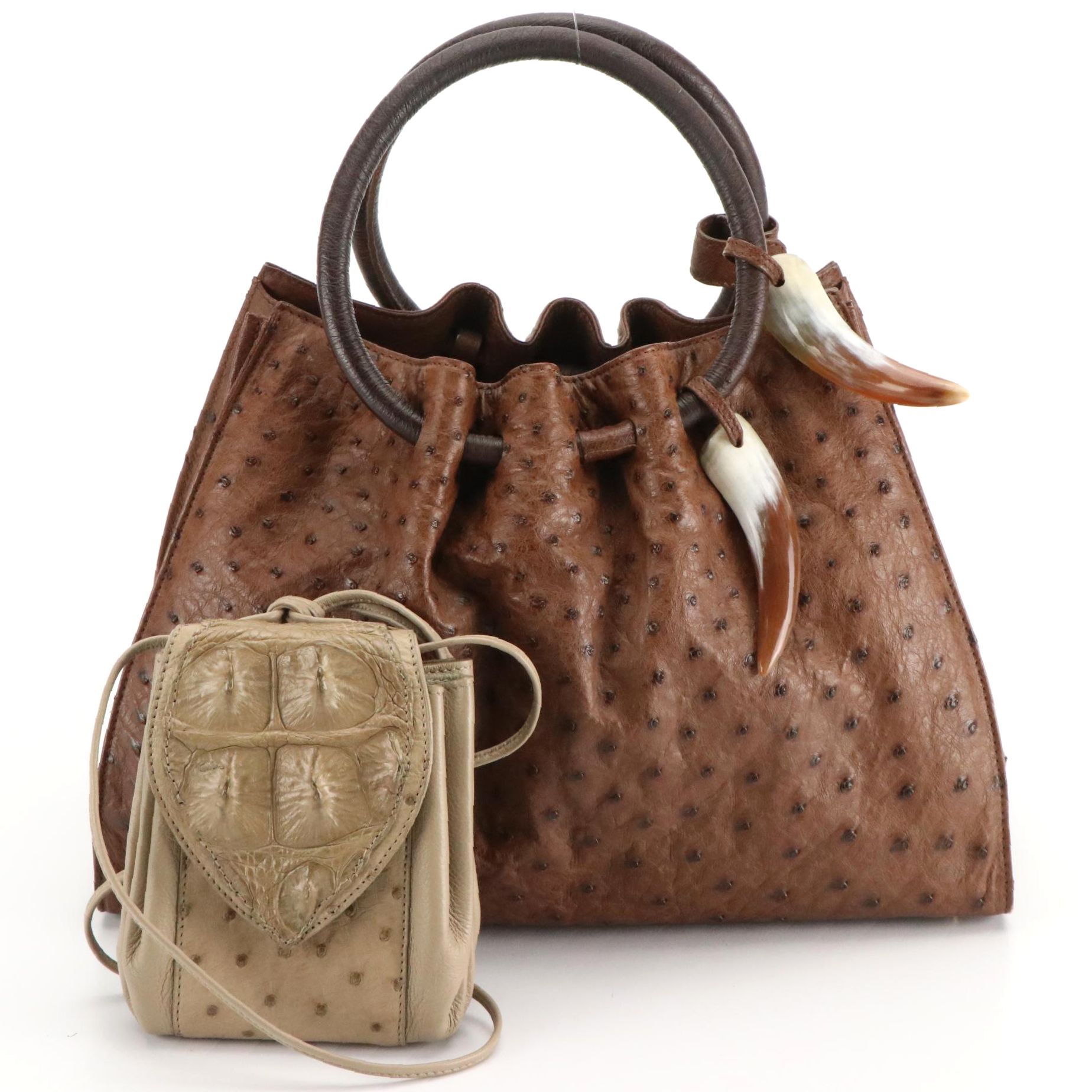 Hornback Croc, Ostrich Embossed, and Leather Front-Flap Bag & Other Handbag
