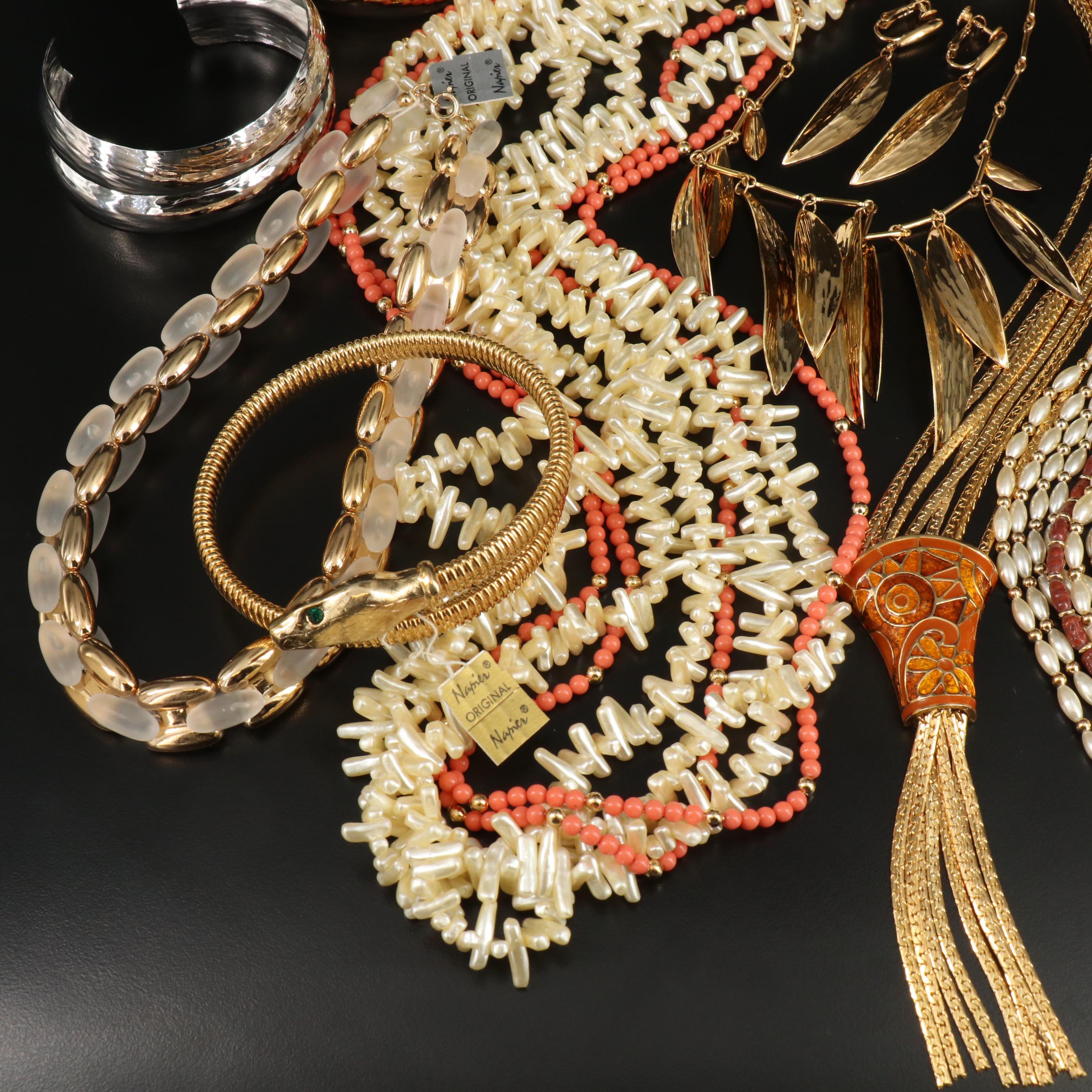Napier Jewelry Grouping Including Enamel, Faux Coral, Faux Pearl and Gemstone